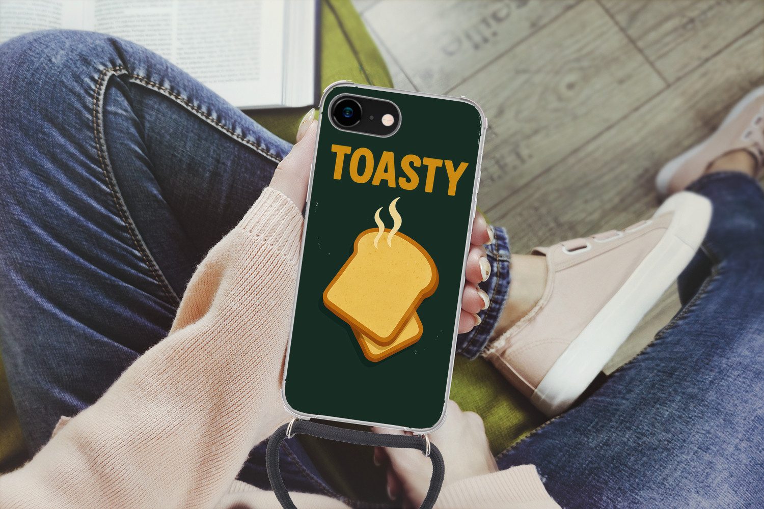 MuchoWow Handyhülle für Apple iPhone 7 Brot - Toast - Grün - Minimalistisch, Tragbare Handyhüllen mit Kette zum umhängen, Handykette Handyband