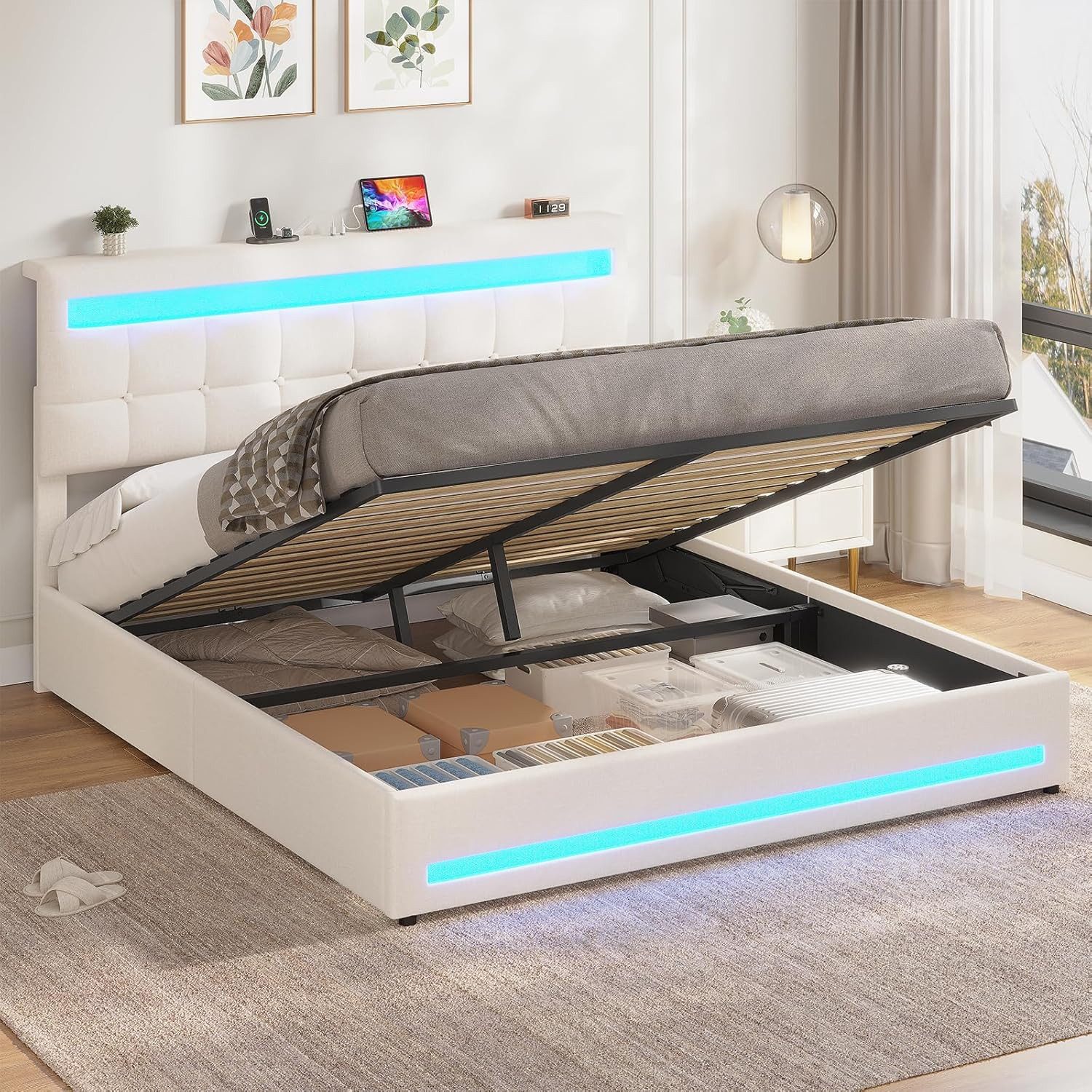 MSMASK Polsterbett Hydraulisches Stauraumbett mit höhenverstellbarem Kopfteil (Ohne Matratze), Funktionsbett, Jugendbett mit LED-Beleuchtung und Ladeanschlüssen