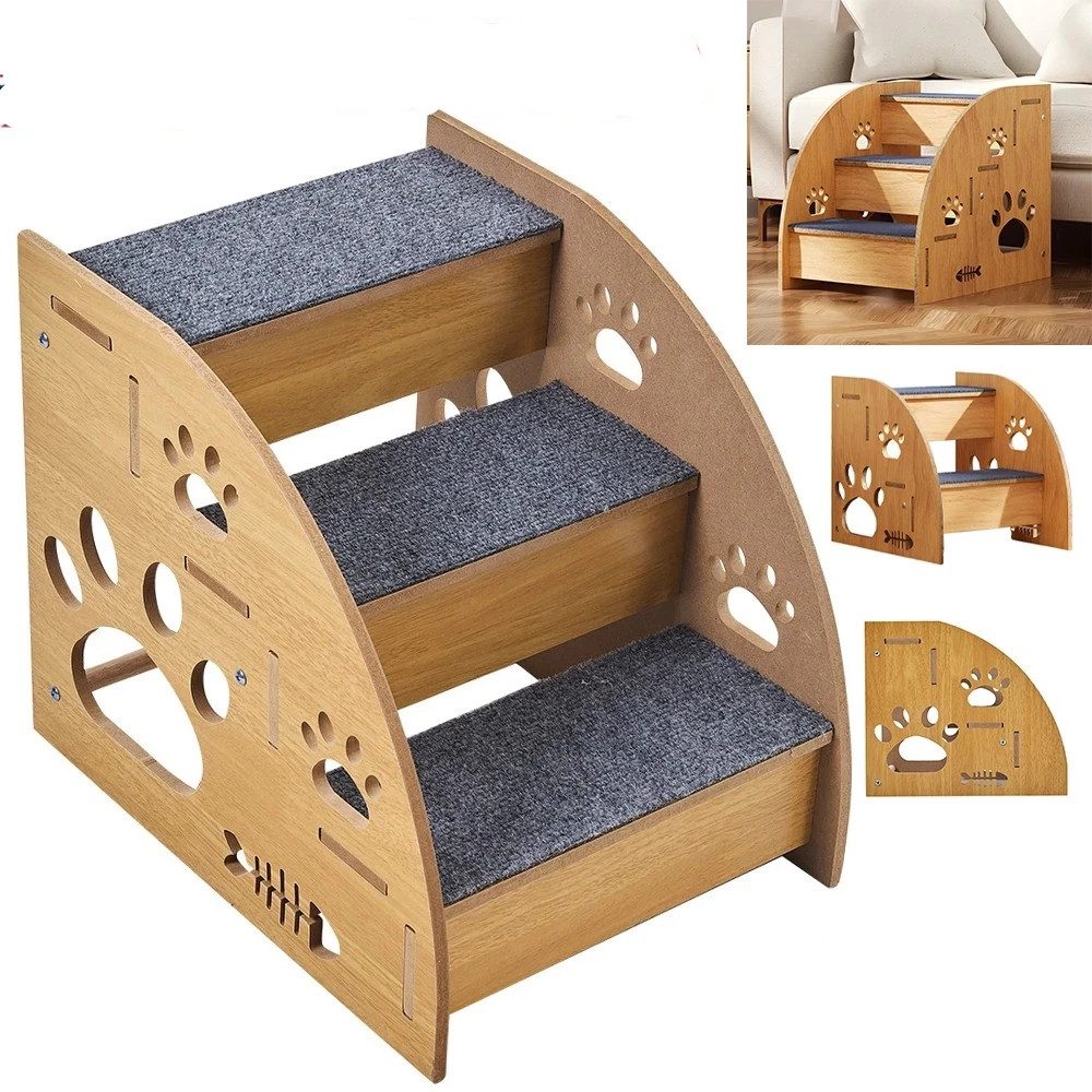 AKKEE Haustiertreppe 3-stufige Haustierrampe aus Holz Hunderampe Katzentreppe