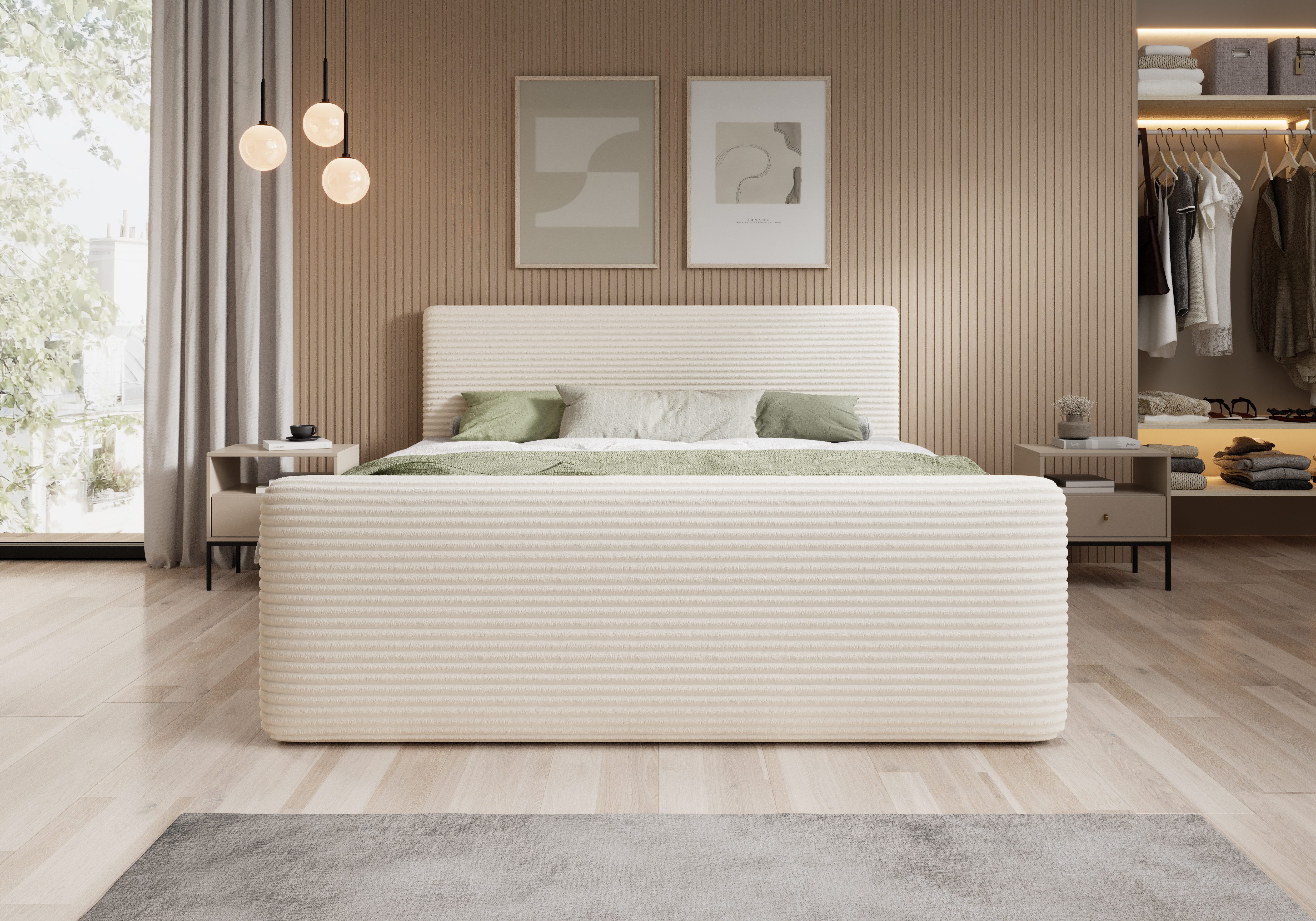 thematys Boxspringbett Cord mit Bettkasten 140x200–200x200 cm – Luxus Boxbett (Polsterbett Bonnellfederkern Matratze H3 + Gratis 3cm Topper, Doppelbett mit Stauraum)