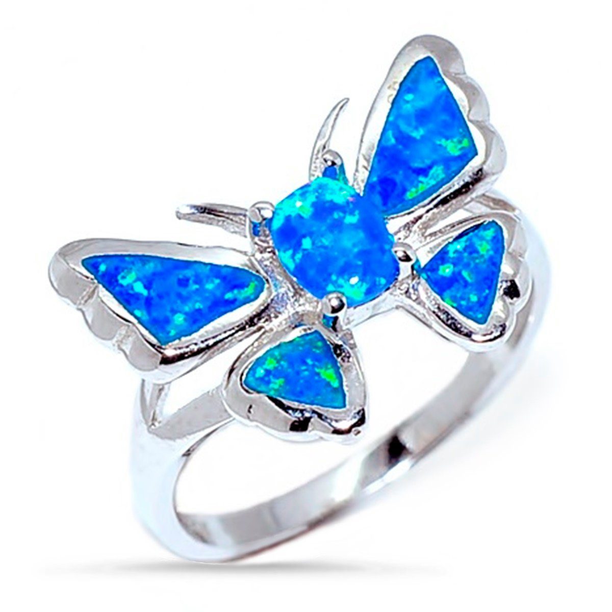 Damen Schmuck Goldene Hufeisen Silberring Schmetterling Blau Opal (Synth) Damen Ring aus 925 Sterlingsilber, Rhodiniert