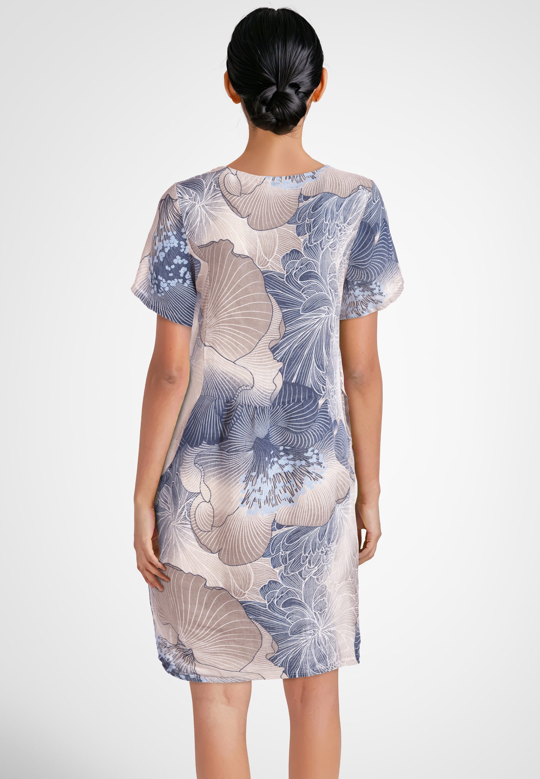 PEKIVESSA Sommerkleid Leinenkleid knielang mit kurzen Ärmeln Leinenstoff mit Blumenmuster