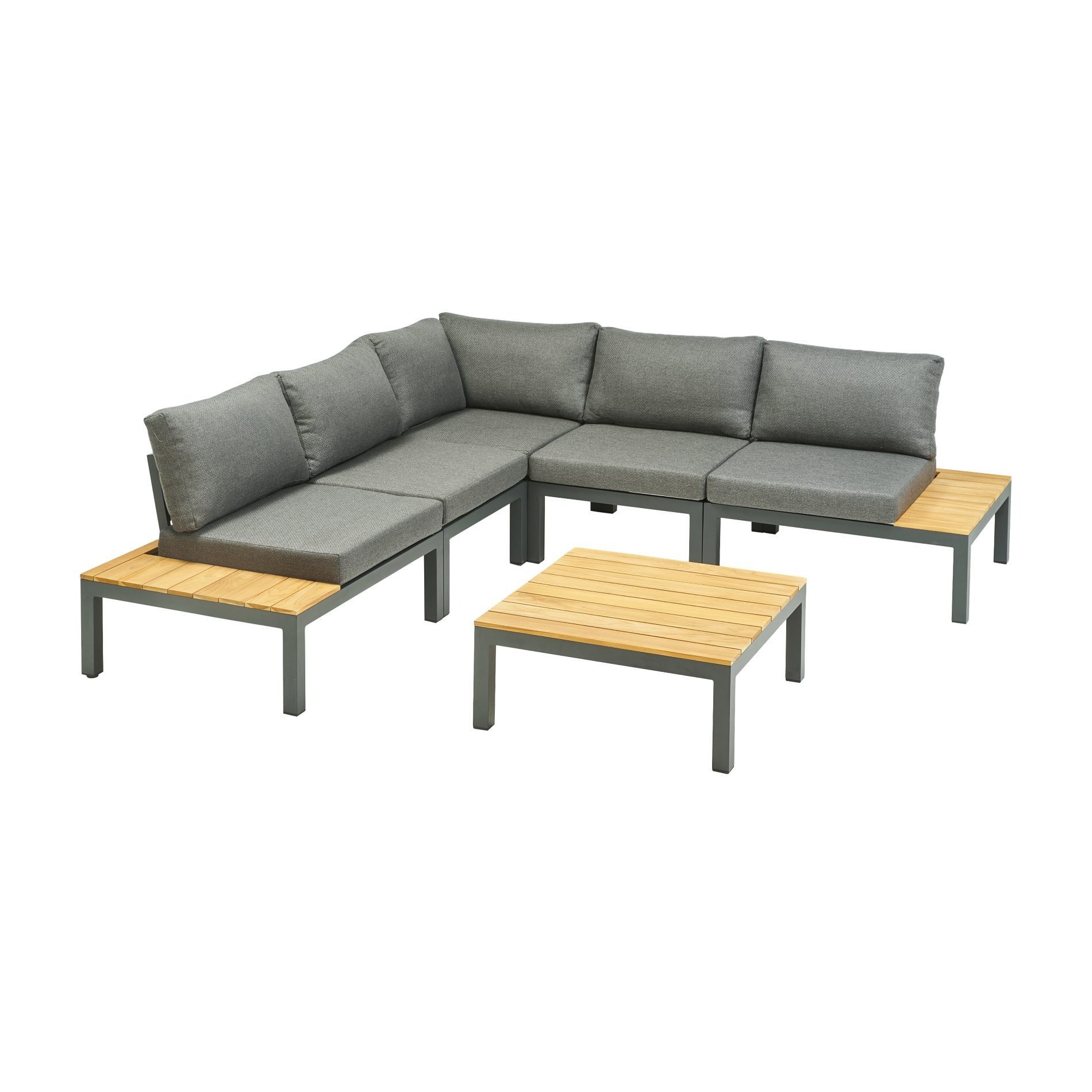 Liadomo Gartenlounge-Set San Carlo, Gartensofa mit Tisch und Ablagen, zum Sitzen und Liegen, (Loungeset für 4 Personen, 6-tlg., modulare Ecklounge mit Loungetisch), Teakholz-Ablagen und -Tischplatte
