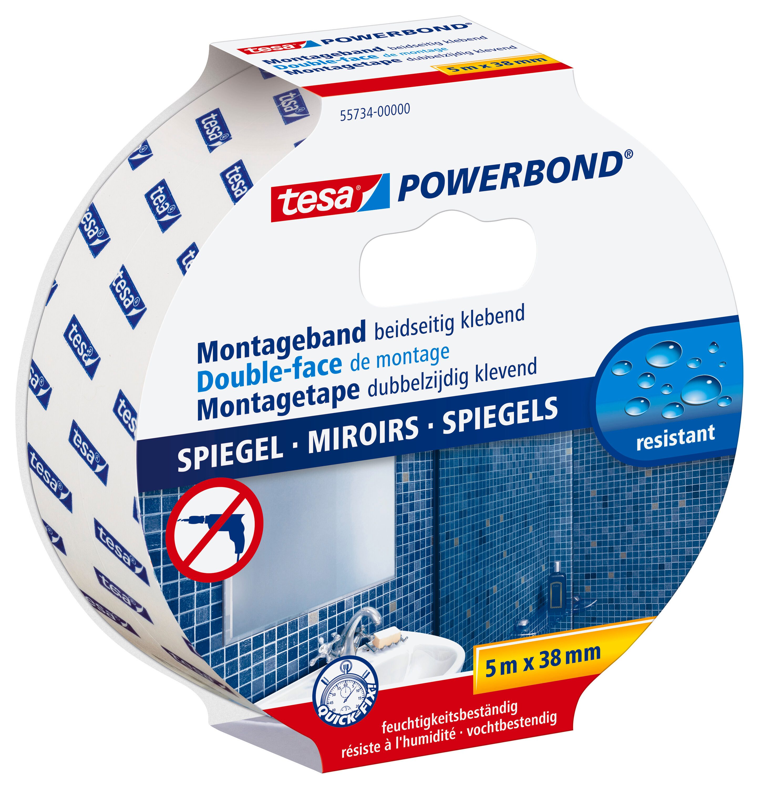 tesa Doppelklebeband POWERBOND Spiegel Doppelseitiges Klebeband (Packung, 1-St) Montageband extra stark - wasserfest / fürs Bad geeignet - 5 m : 38 mm