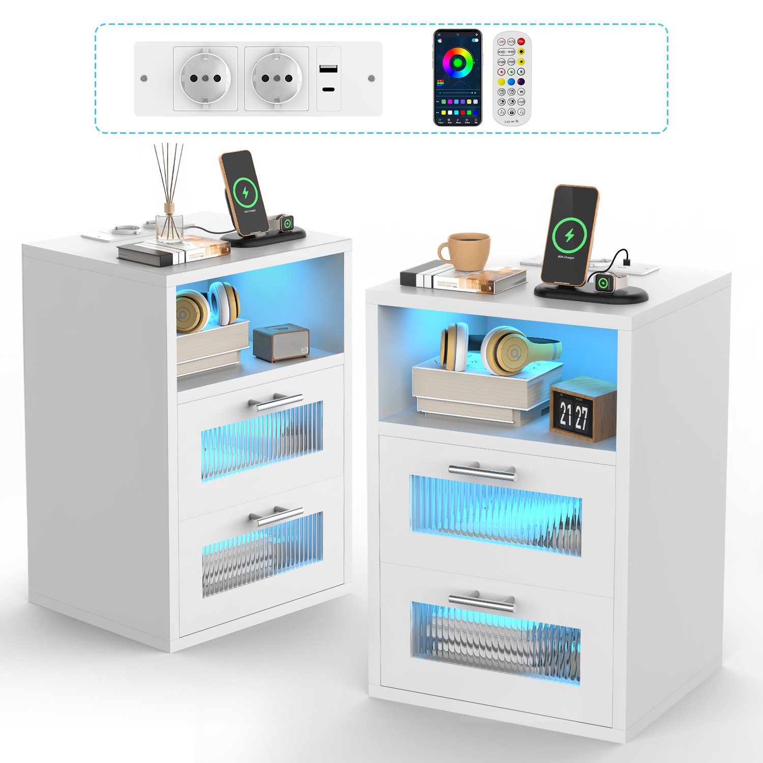 oyajia Nachtkommode Nachttisch mit einstellbarer LED-Beleuchtung, Steckdosen (2 St), Nachtschrank Beistelltisch mit 2 Schubladen und 1 offener Ablage