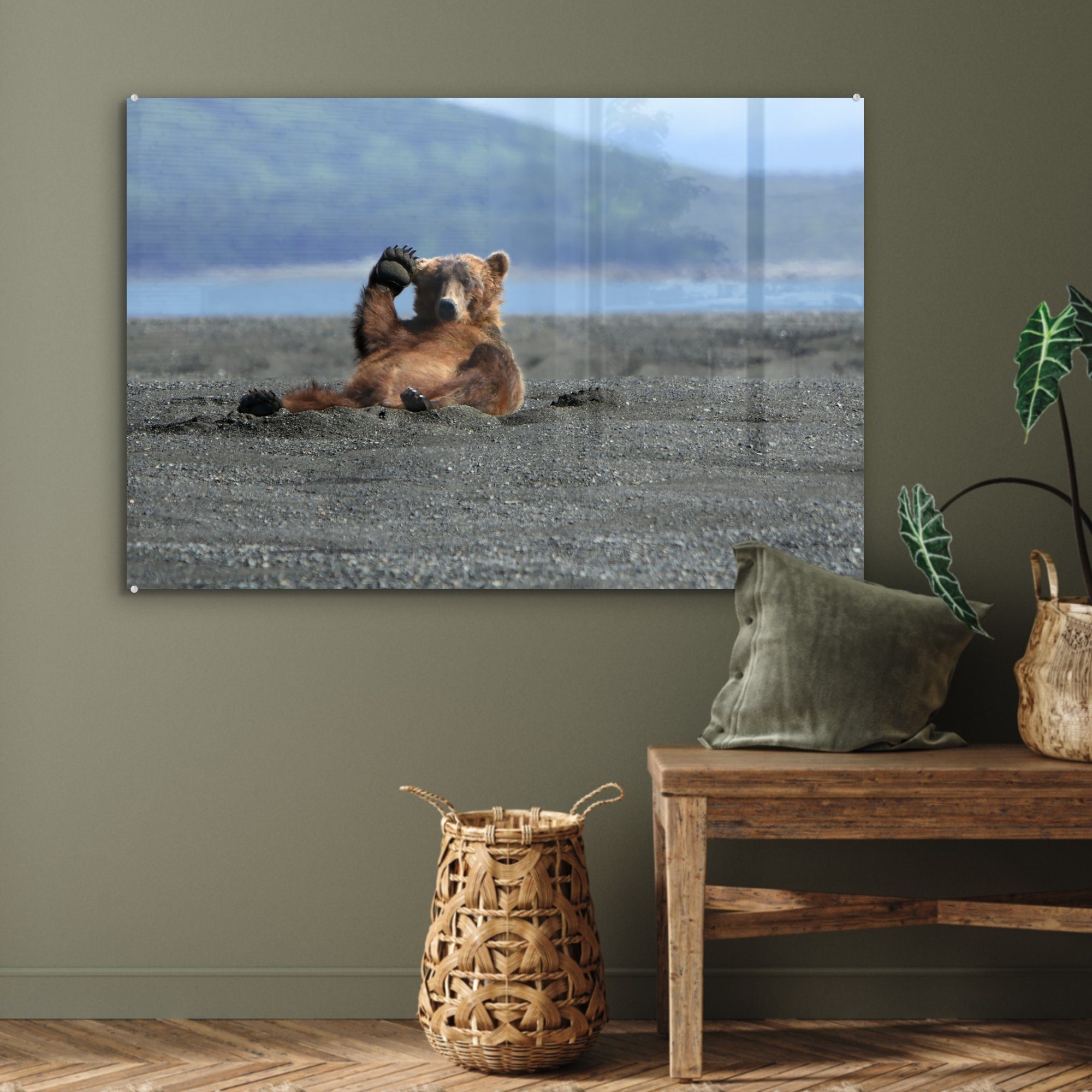 Bild Pfote seine Wohnzimmer St), eines der & (1 Acrylglasbilder Acrylglasbild MuchoWow hebt, Schlafzimmer Grizzlybären,