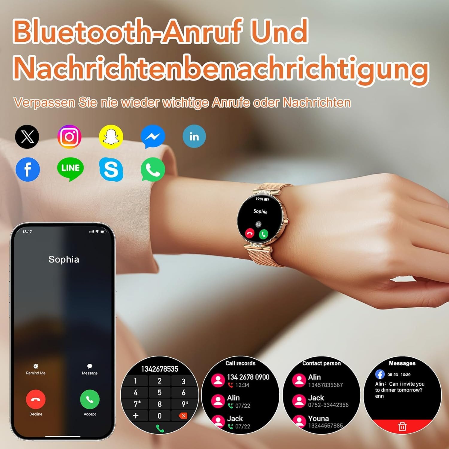 CIVO i226m Smartwatch (3,3 cm, android ios), Damen Smartwatch mit Edelstahl- und Silikonarmband, 1.32" Display