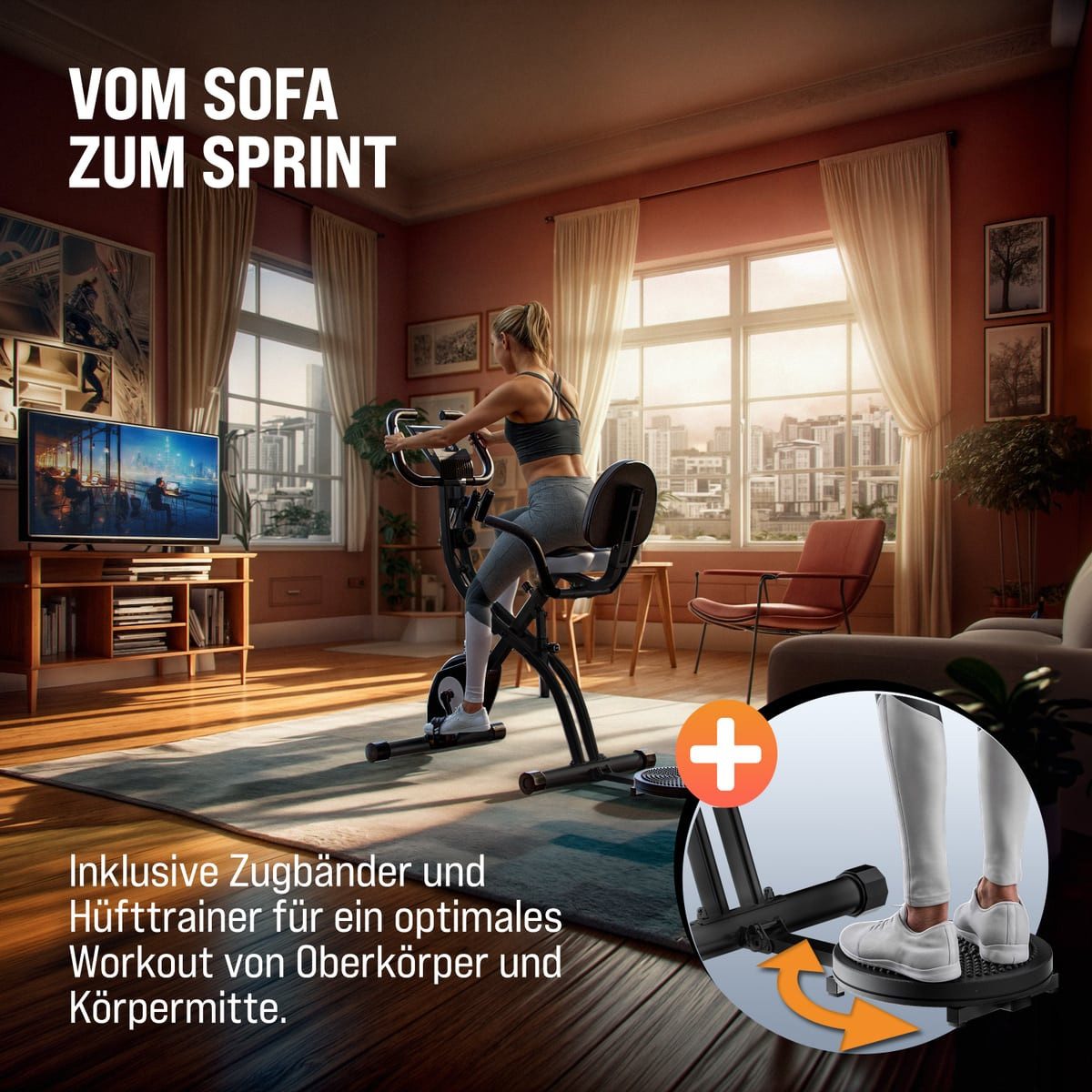 Sportana Heimtrainer Eagle 4 (1-tlg), Klappbar Fitnessfahrrad mit App 16 Stufen Pulssensoren Hüfttrainer