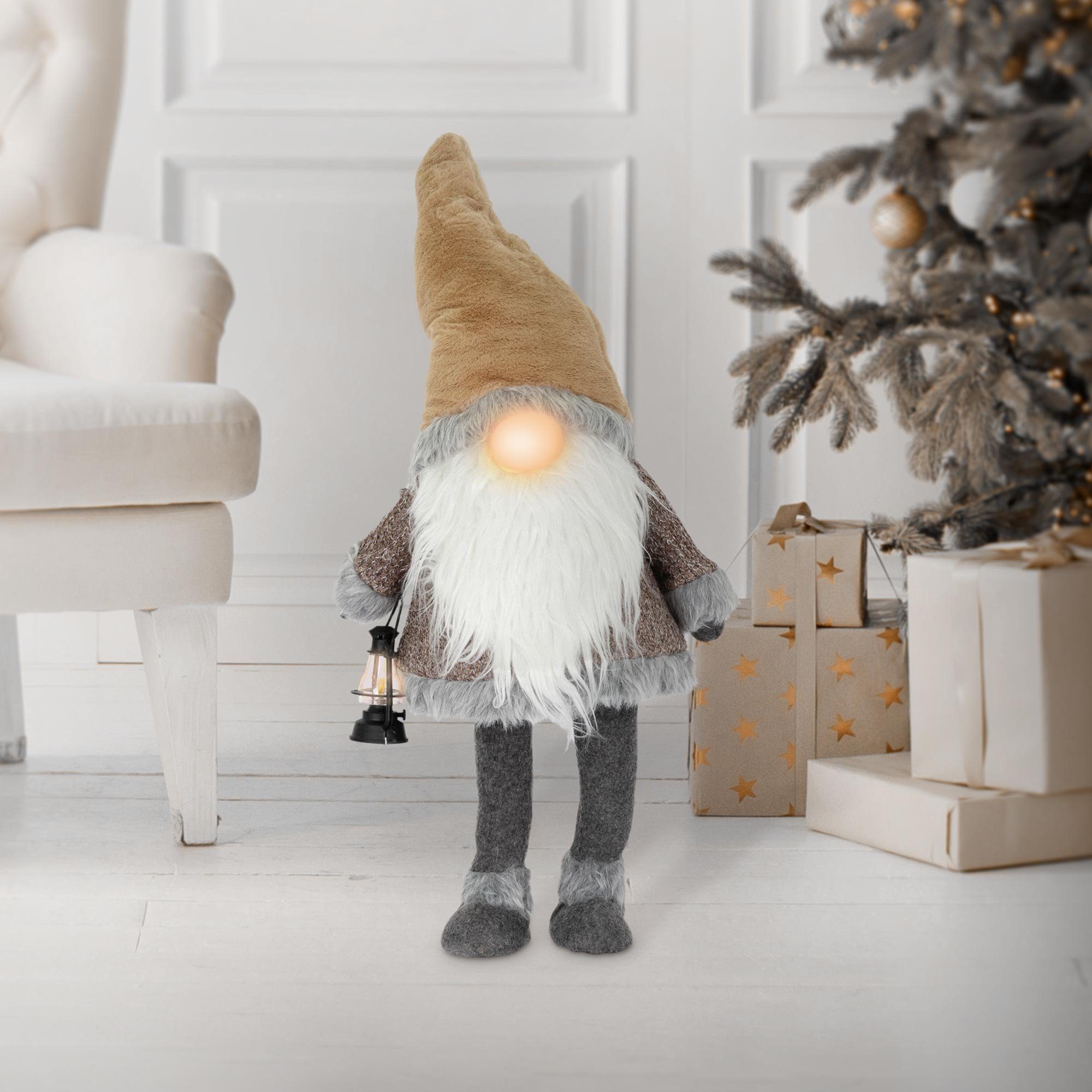 ECD Germany Weihnachtsfigur LED Wichtel-Figur Weihnachtsdeko  Weihnachtswichtel Weihnachtszwerg, Warmweiß beleuchtete Laterne und Nase  80cm Braun batteriebetrieben