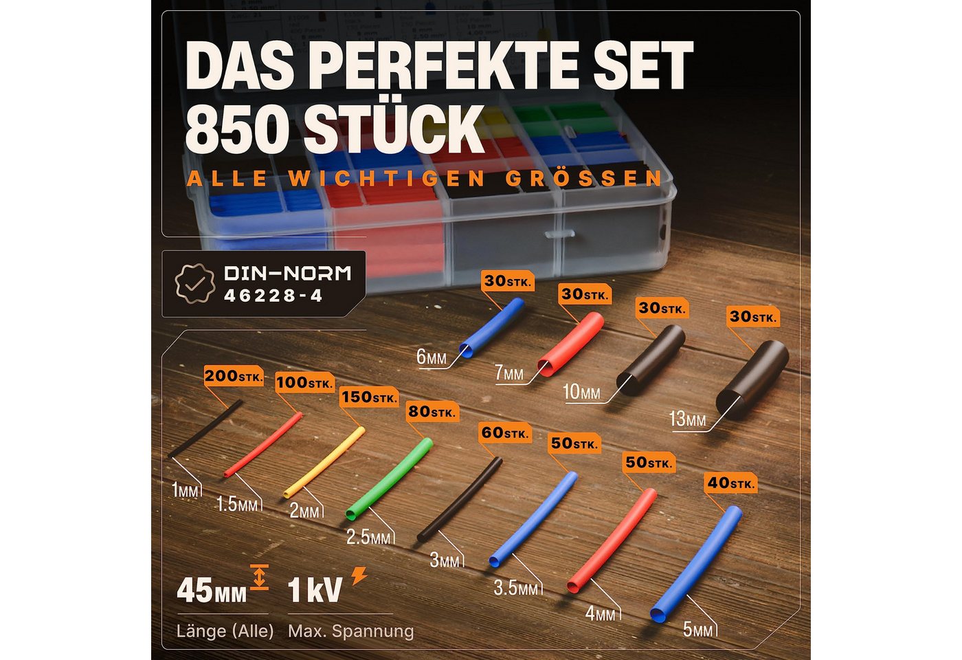 Thumbnail - BAURIX Schrumpfschlauch Set, Schrumpfschläuche Sortiment, Isolierschlauch für Kabel, (850 St), Schrumpfschlauchset
