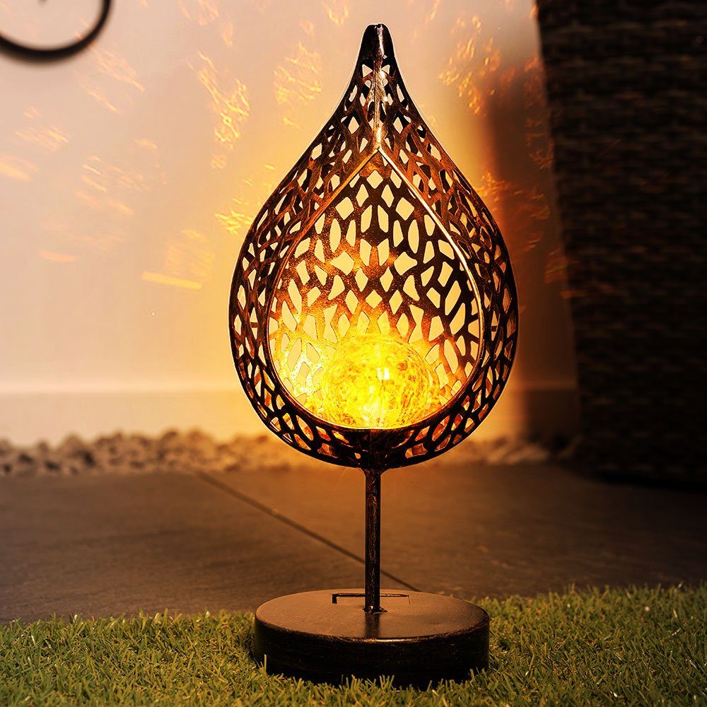 etc-shop Gartenleuchte, LED Solar Tisch Leuchte Feuer Effekt Garten Deko  Tropfen gold Außen Lampe Crackle Glas Flammen