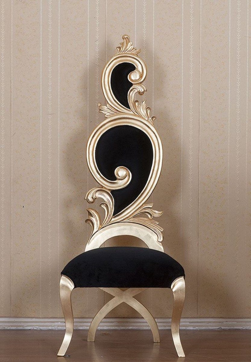 Esszimmerstuhl Barock Esszimmerstuhl Schwarz / Gold 65 x 54 x H. 166 cm - Prunkvoller Mahagoni Küchenstuhl mit edlem Samtstoff - Barock Esszimmer Möbel