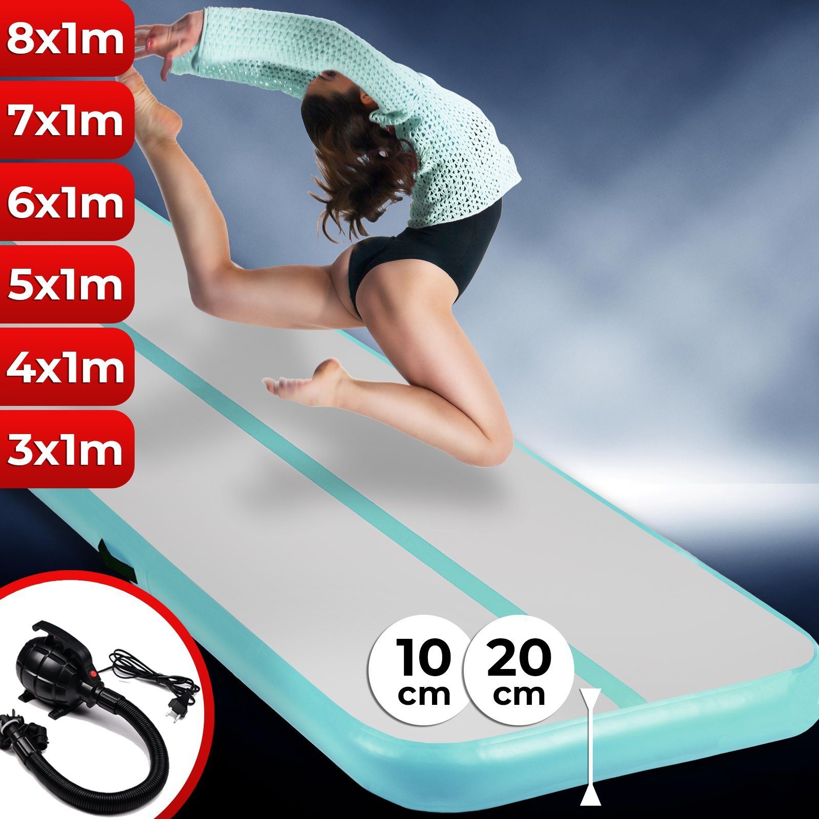 VENDOMNIA Turnmatte AIRTRACK - Fitness Sport 3/4/5/6/7/8m Farbwahl  (elektrische Luftpumpe aufblasbar PVC Dicke:10/20cm), Tumbling Tracking  Gymnastik Yoga Air Track Matte