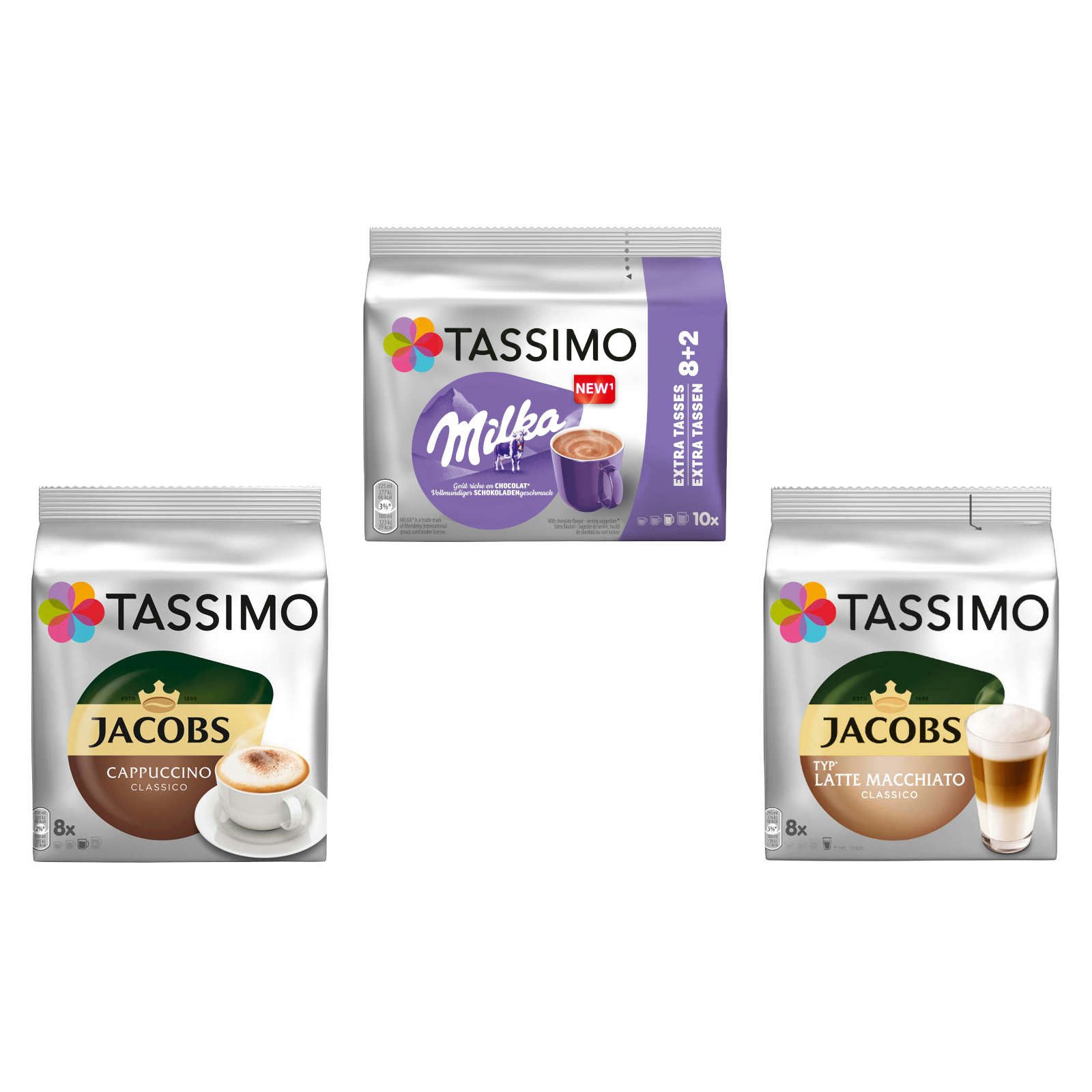 TASSIMO Kaffee T Disc Creamy Collection Milka Cappuccino Classico Latte Macchiato, 684 g, (Packung, 3er Pack)
