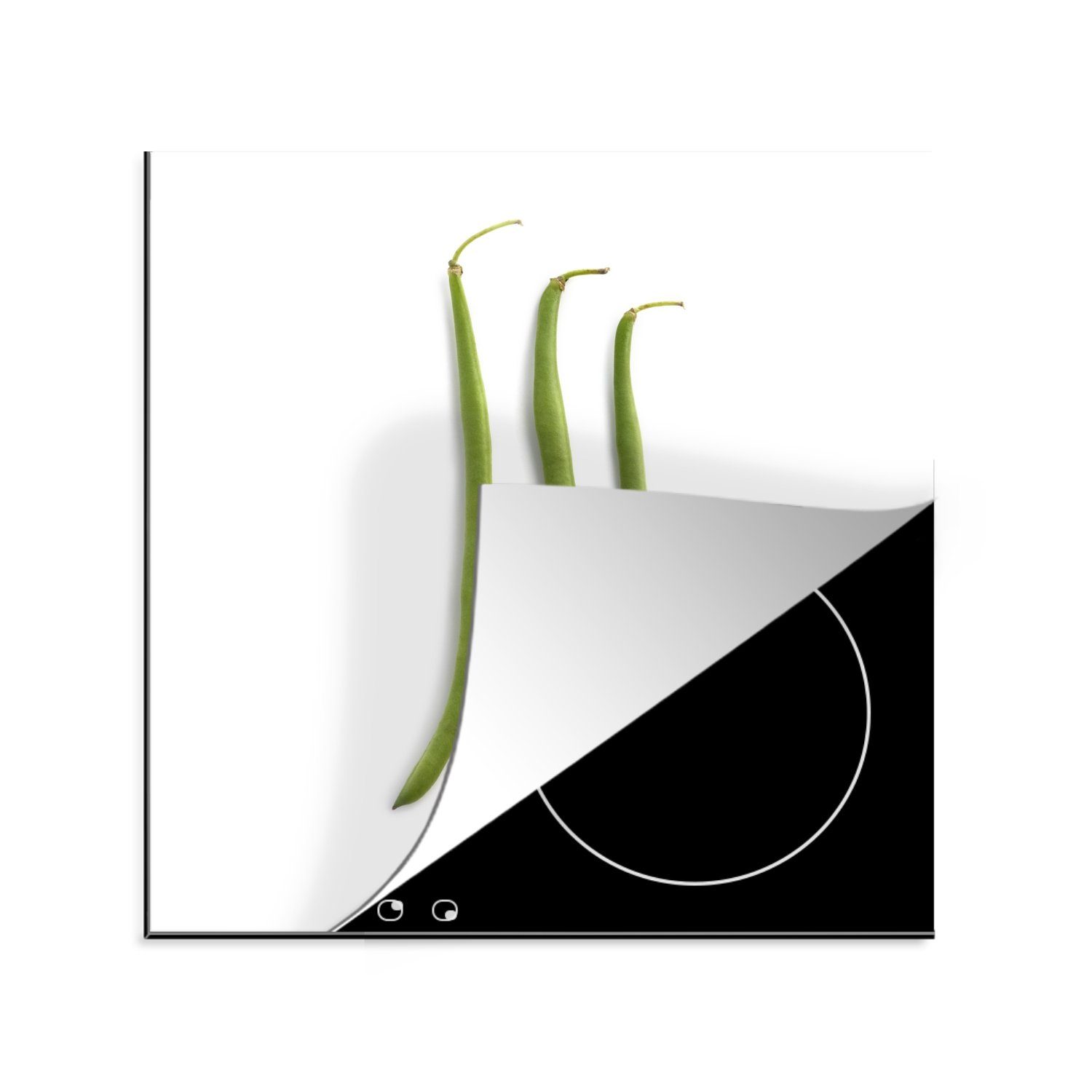 MuchoWow Ceranfeldabdeckung, tlg), 78x78 grüne Drei Bohnen Vinyl, einem cm, Herdblende-/Abdeckplatte Hintergrund, (1 Arbeitsplatte vor küche weißen für