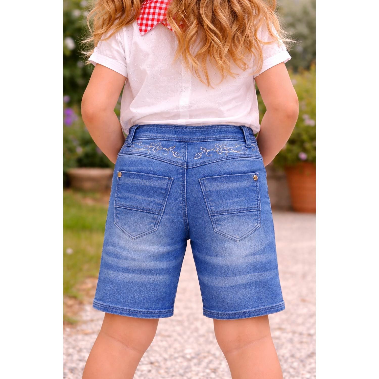BONDI Trachtenlederhose Mädchen Trachten Jeans Bermuda Hose 26087, Blue D – Bild 4 von 5