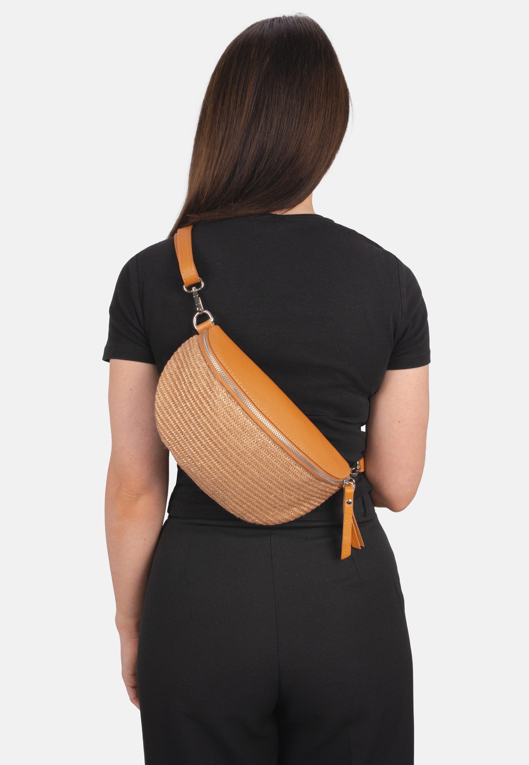 Seasons of April Gürteltasche JUNA CROSSBODY BAG SIZE M, Damen Raffia Ledertasche: Umhängetasche Gürteltasche, verstellbar