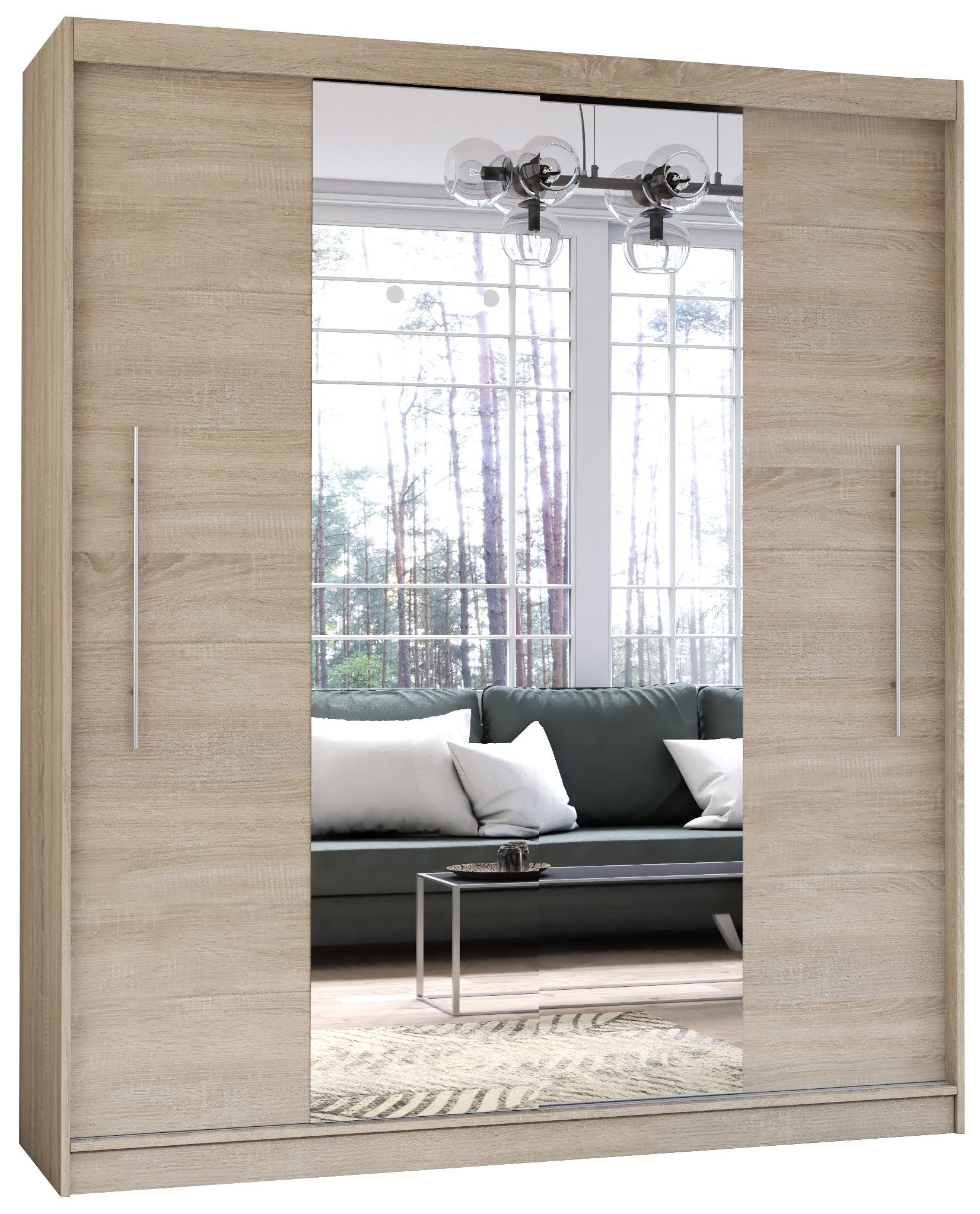 Polini Home Schwebetürenschrank Prime Comfort 204x218x58 cm Spiegel mittig  in Eiche-Weiß | Schwebetürenschränke