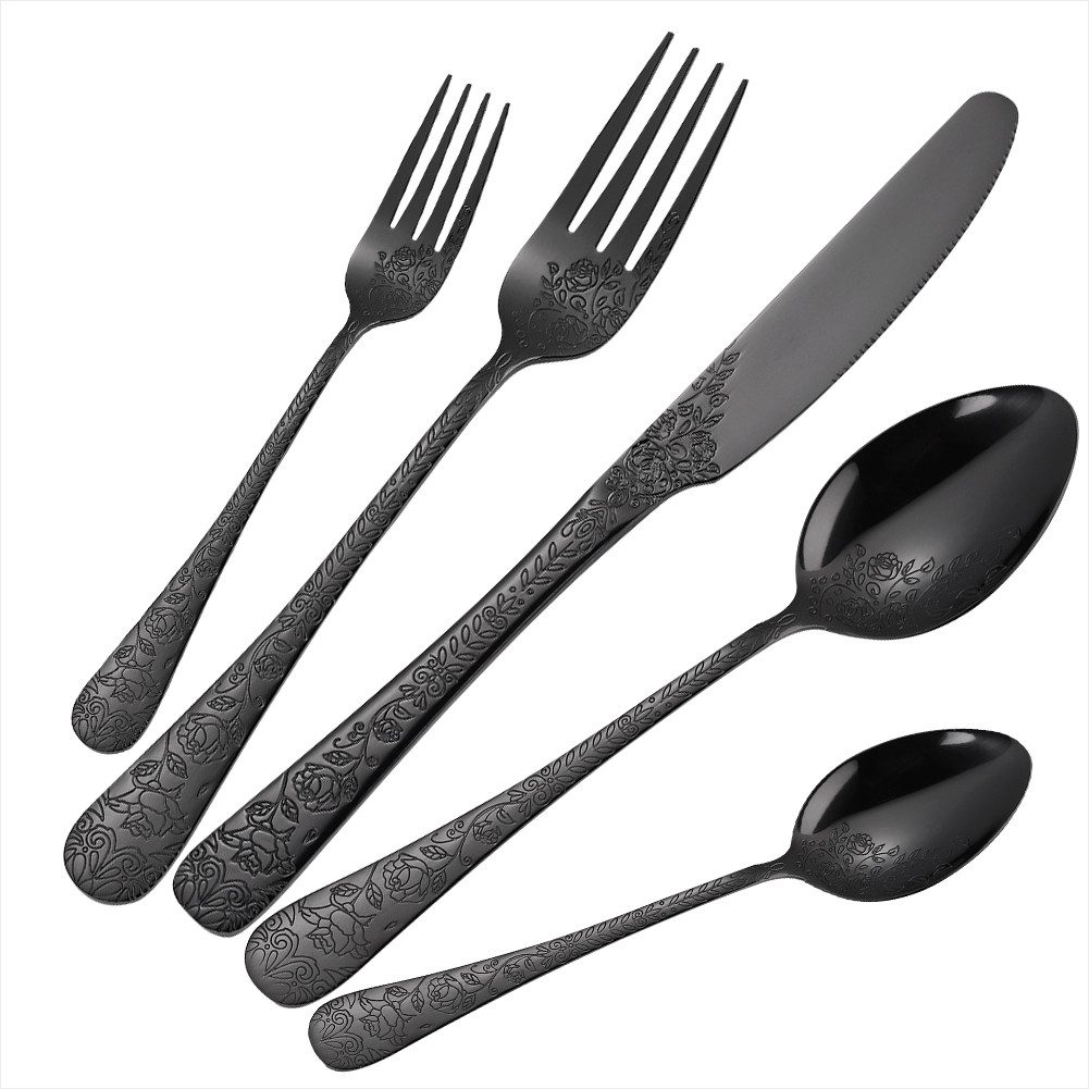 KEENZO Besteck-Set 30teilig Schwarz Mattiert gehämmertes Essbesteck Set für 6 Personen (30-tlg), 6 Personen, Edelstahl