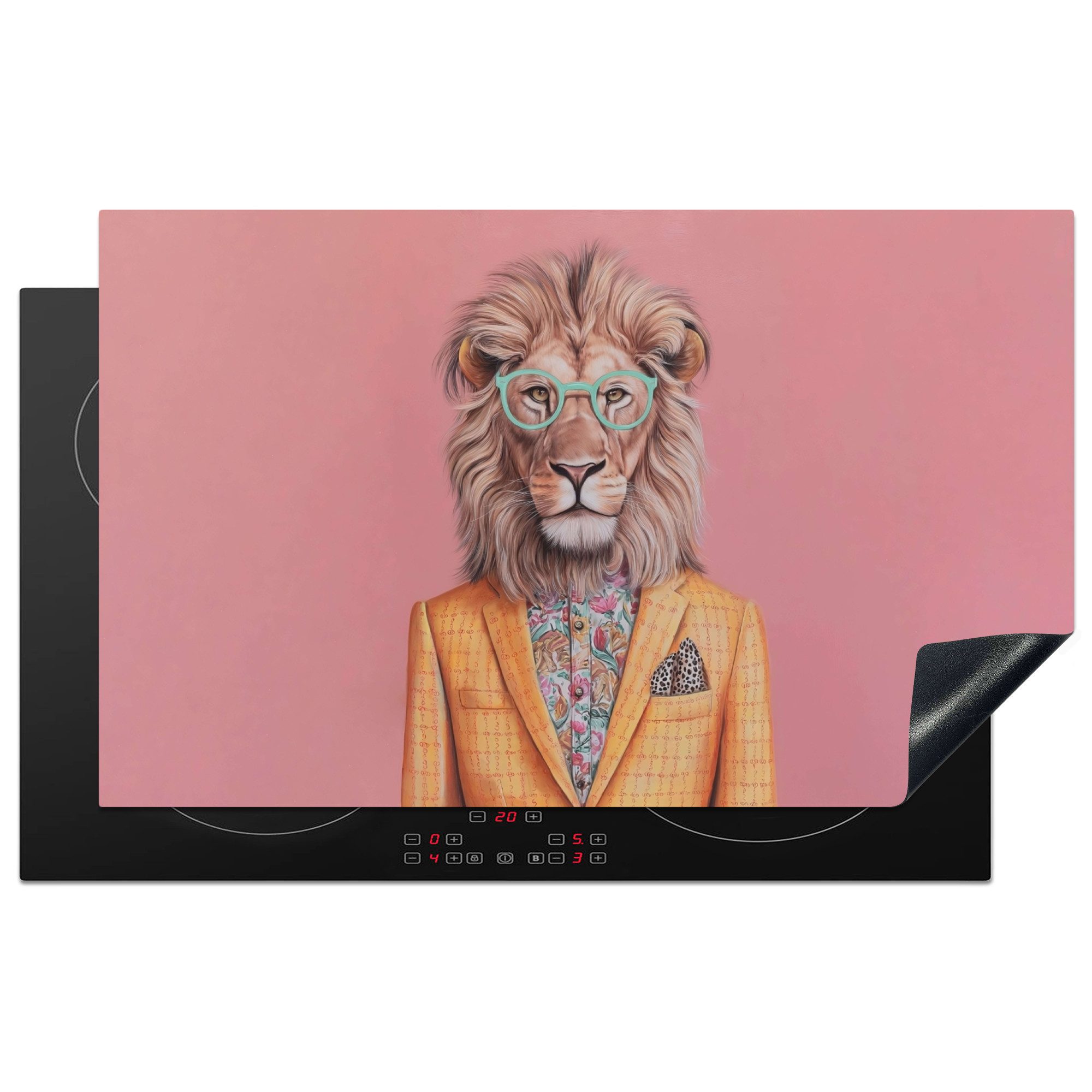 MuchoWow Herd-Abdeckplatte Löwe - Anzug - Kariert - Brille, Vinyl, (1 tlg), Herdplattenabdeckung für Ceranfeld, Herdplatten Vinyl, 83x51 cm