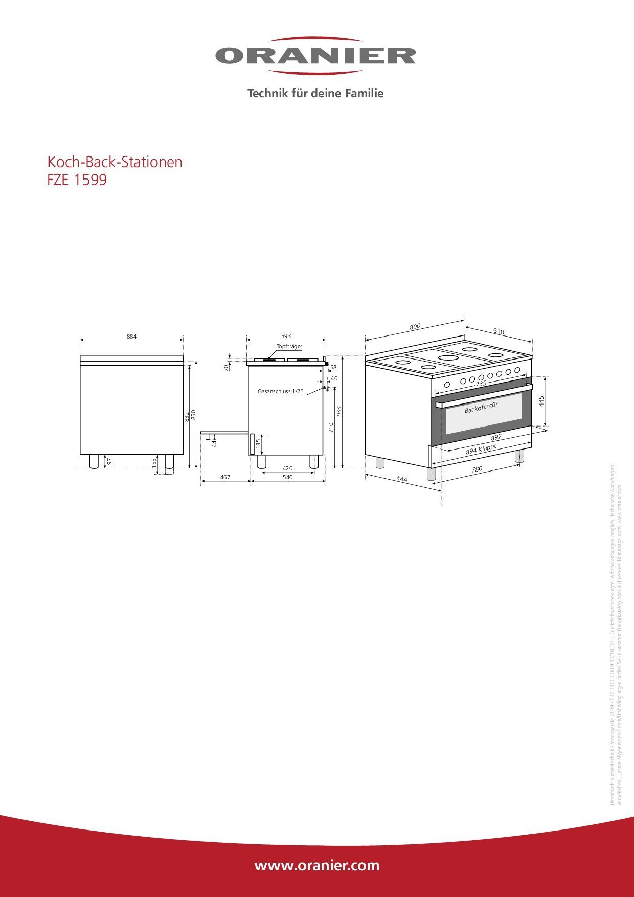 Erdgas mit Elektro-Standherd 90cm, FZE Oranier Koch-Back-Station Edelstahl 1599 Teilauszug 2-fach