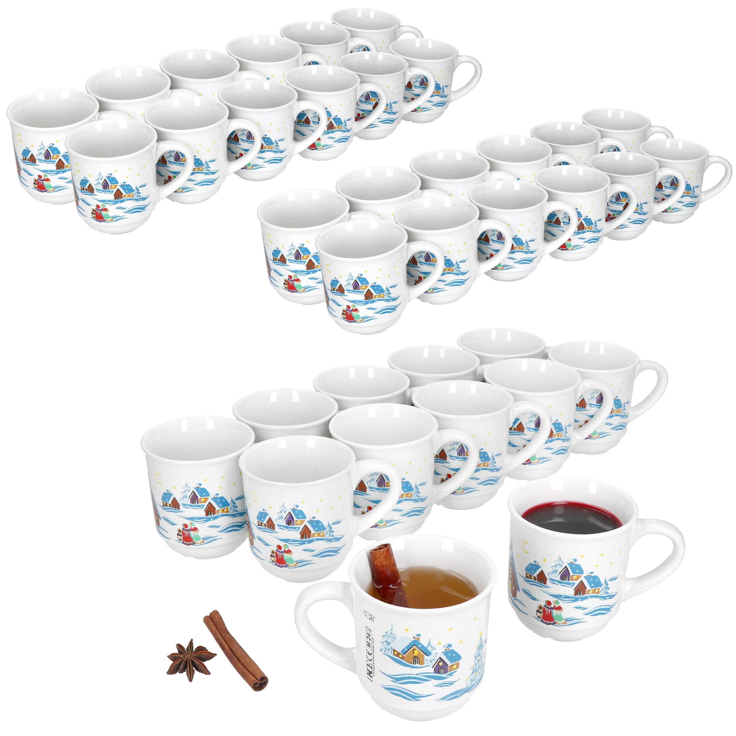 MamboCat Tasse 36x Glühweinbecher 0,2L weiß Weihnachtslandschaft Glühweintassen, Keramik, Weihnachtsgeschirr, Weihnachten, geeicht, Weihnachtsmarkt