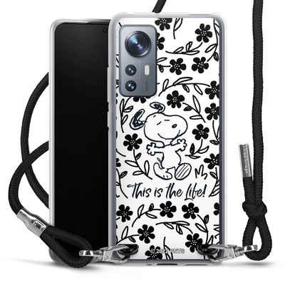 DeinDesign Handyhülle Peanuts Blumen Snoopy Snoopy Black and White This Is The Life, Xiaomi 12 5G Handykette Hülle mit Band Case zum Umhängen