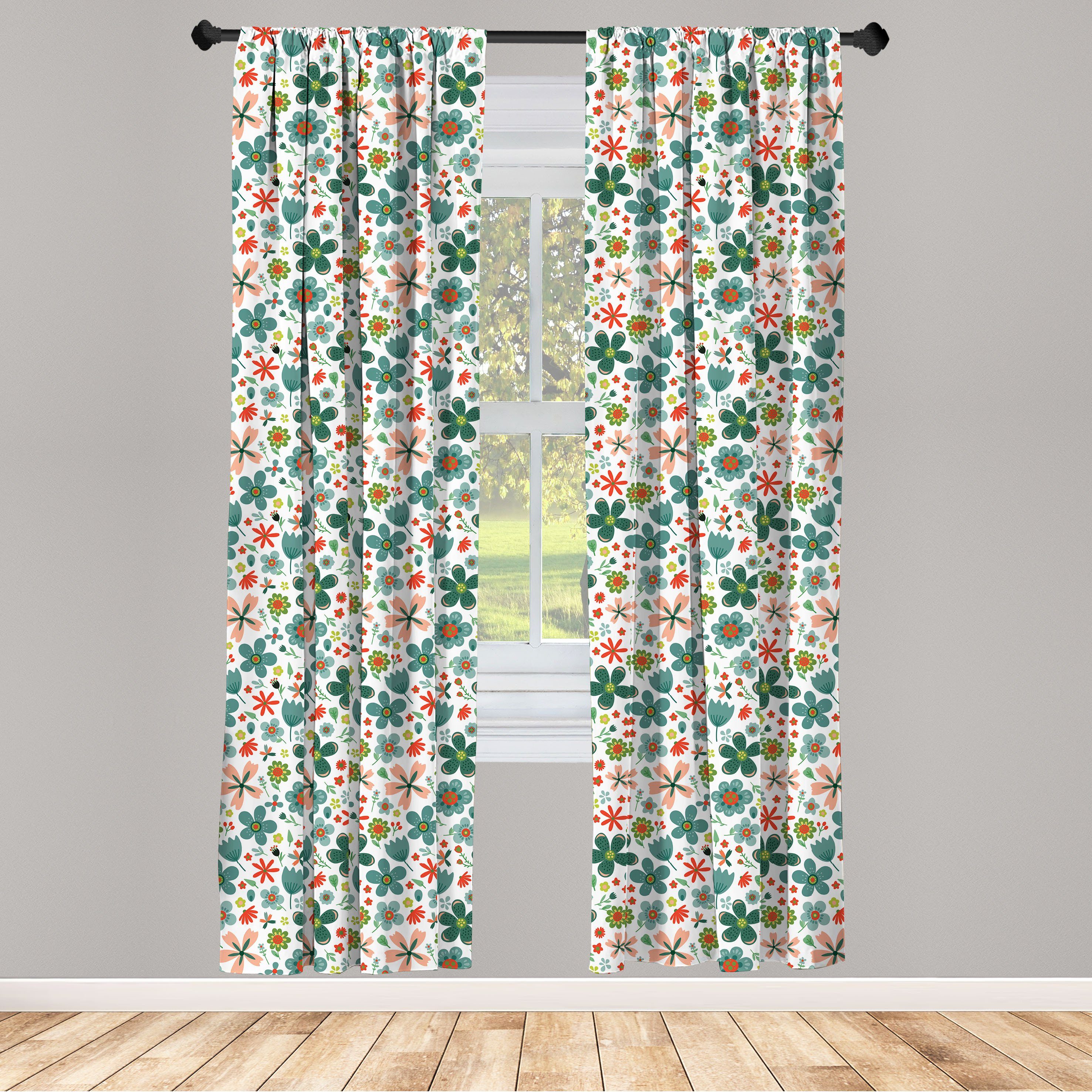 Gardine Vorhang für Wohnzimmer Schlafzimmer Dekor, Abakuhaus, Microfaser, Frühling Childish Folk Flowers