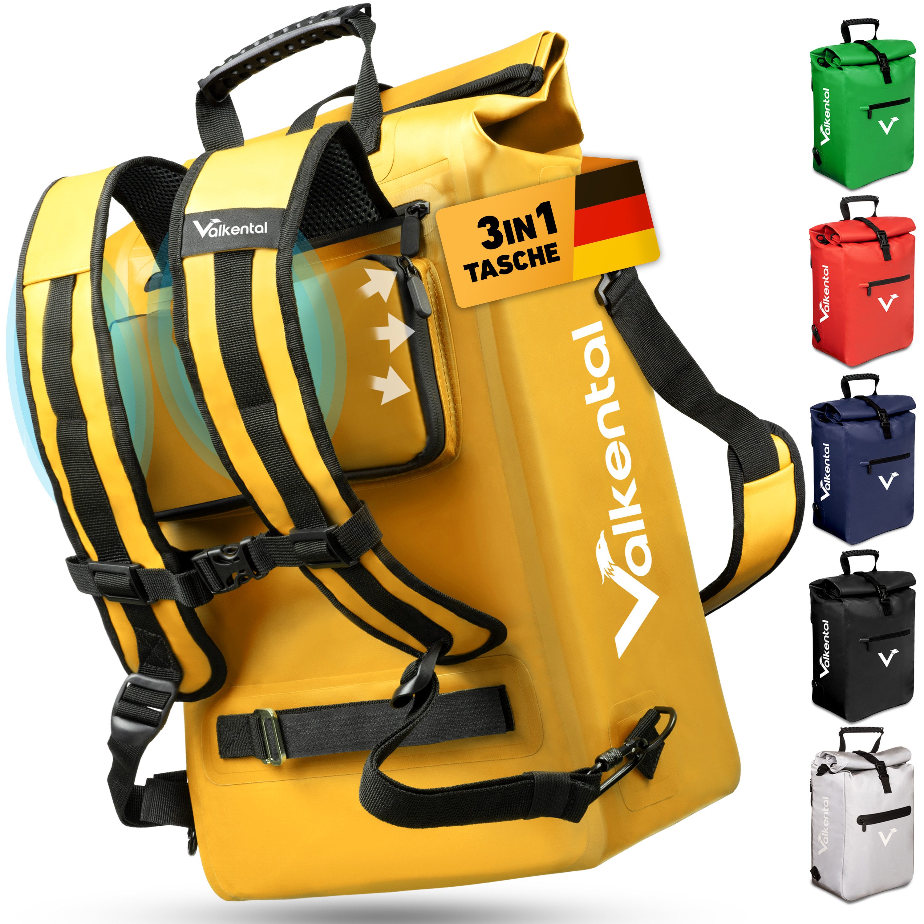 Valkental Fahrradtasche Gepäckträgertasche, Rucksack und Umhängetasche, 3in1 - wasserdicht & reflektierend 25 L