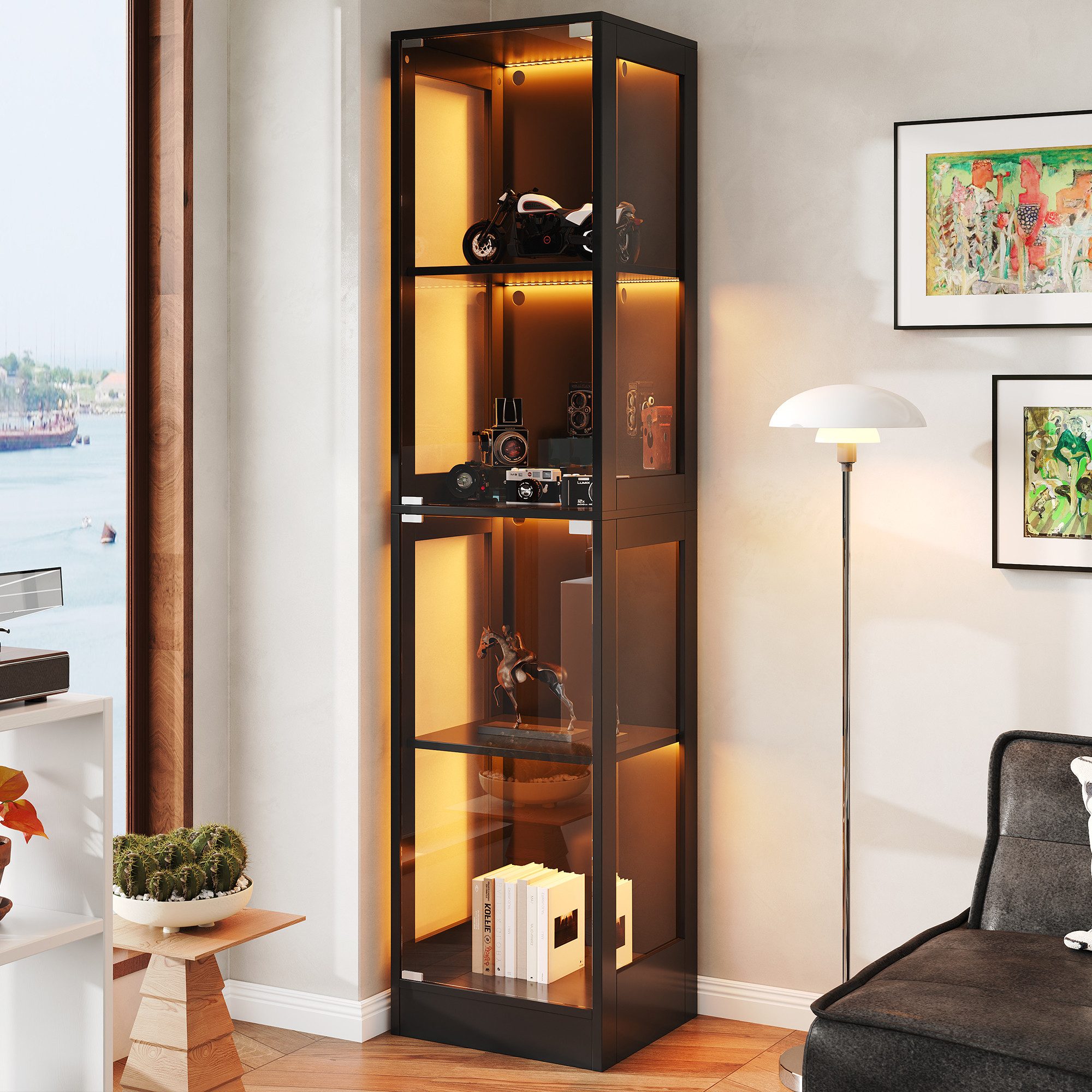 Flieks Glasvitrine Eckvitrine mit LED-Beleuchtung und Doppeltüren aus gehärtetem Glas (1-St., 40x35x170 cm) Standvitrine Eckschrank Hochschrank Sammlervitrine mit 4 Ebenen
