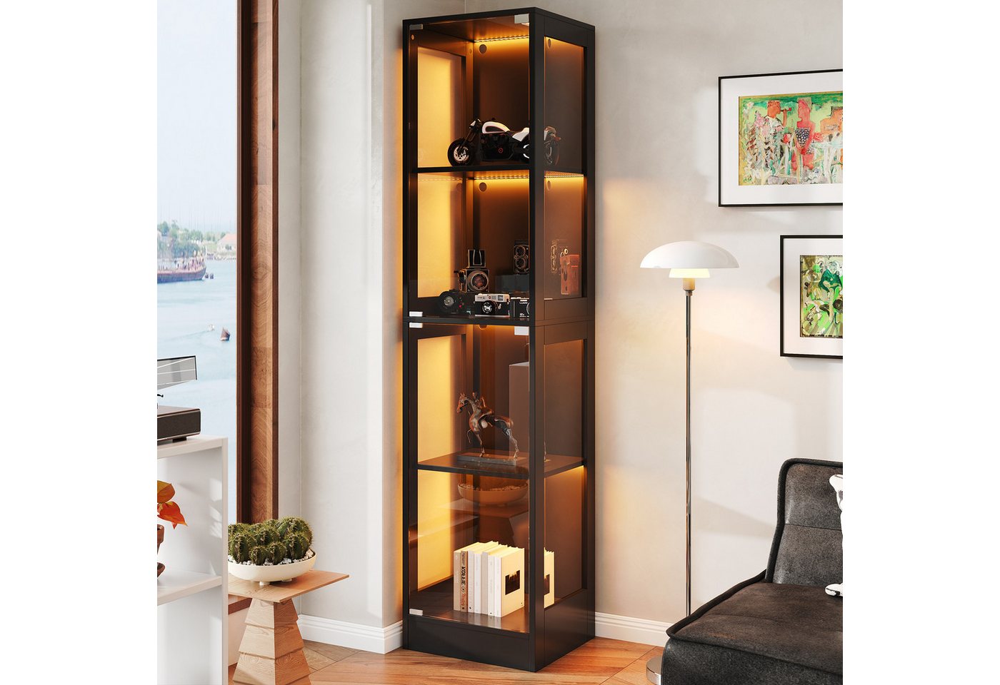 Flieks Glasvitrine Eckvitrine mit LED-Beleuchtung und Doppeltüren aus gehärtetem Glas (1-St., 40x35x170 cm) Standvitrine Eckschrank Hochschrank Sammlervitrine mit 4 Ebenen