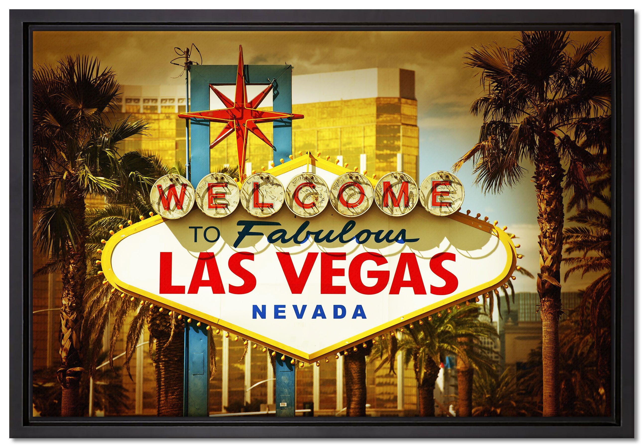 Vegas Ortseingangsschild, in einem Leinwandbild bespannt, Las Pixxprint Wanddekoration Leinwandbild gefasst, Schattenfugen-Bilderrahmen St), inkl. Zackenaufhänger fertig (1