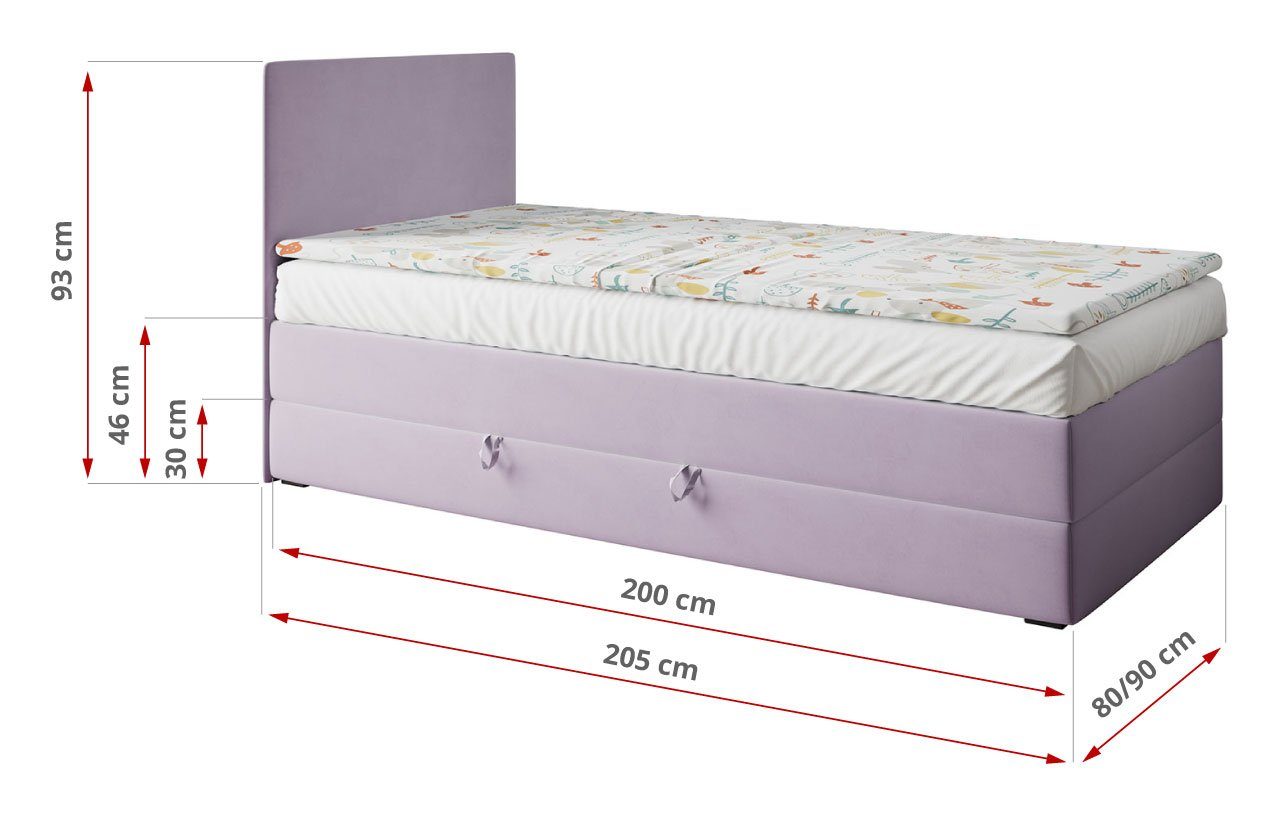 Kinderbett, Matratze Boxspringbett MKS KUBUS - Kinderbett 90x200 MÖBEL 1, mit Violett