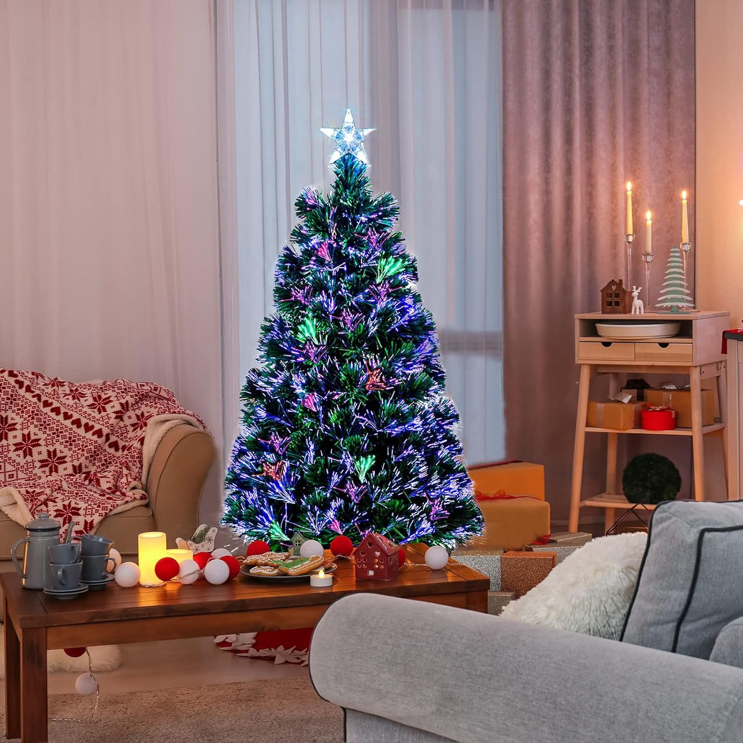 LALAHO Künstlicher Weihnachtsbaum Künstlicher Tannenbaum mit Optischer Faser Beleuchtung, 120cm mit 120 Spitzen, für Weihnachten-Dekoration, Grün