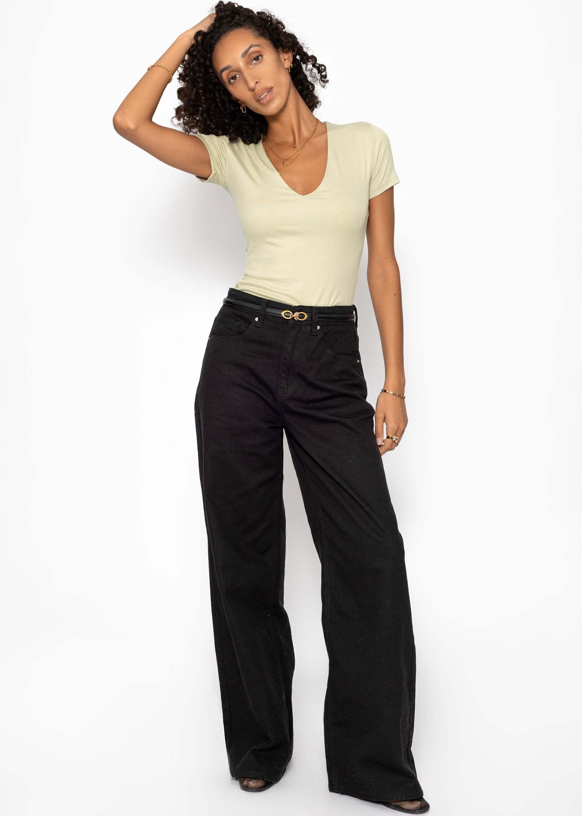 SASSYCLASSY 5-Pocket-Jeans Wide Leg Jeans mit hohem Bund für Damen Jeans im 5-Pocket-Stil aus Baumwolle Beige Offwhite Leo Schwarz Rosa – Bild 5 von 5