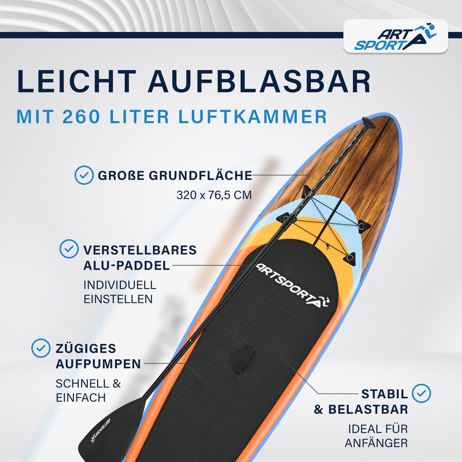ArtSport Inflatable SUP-Board Beach Rocker, Stand Up Paddling Board, ideal für Anfänger, bis 150 kg, inkl. Tragetasche und Zubehör