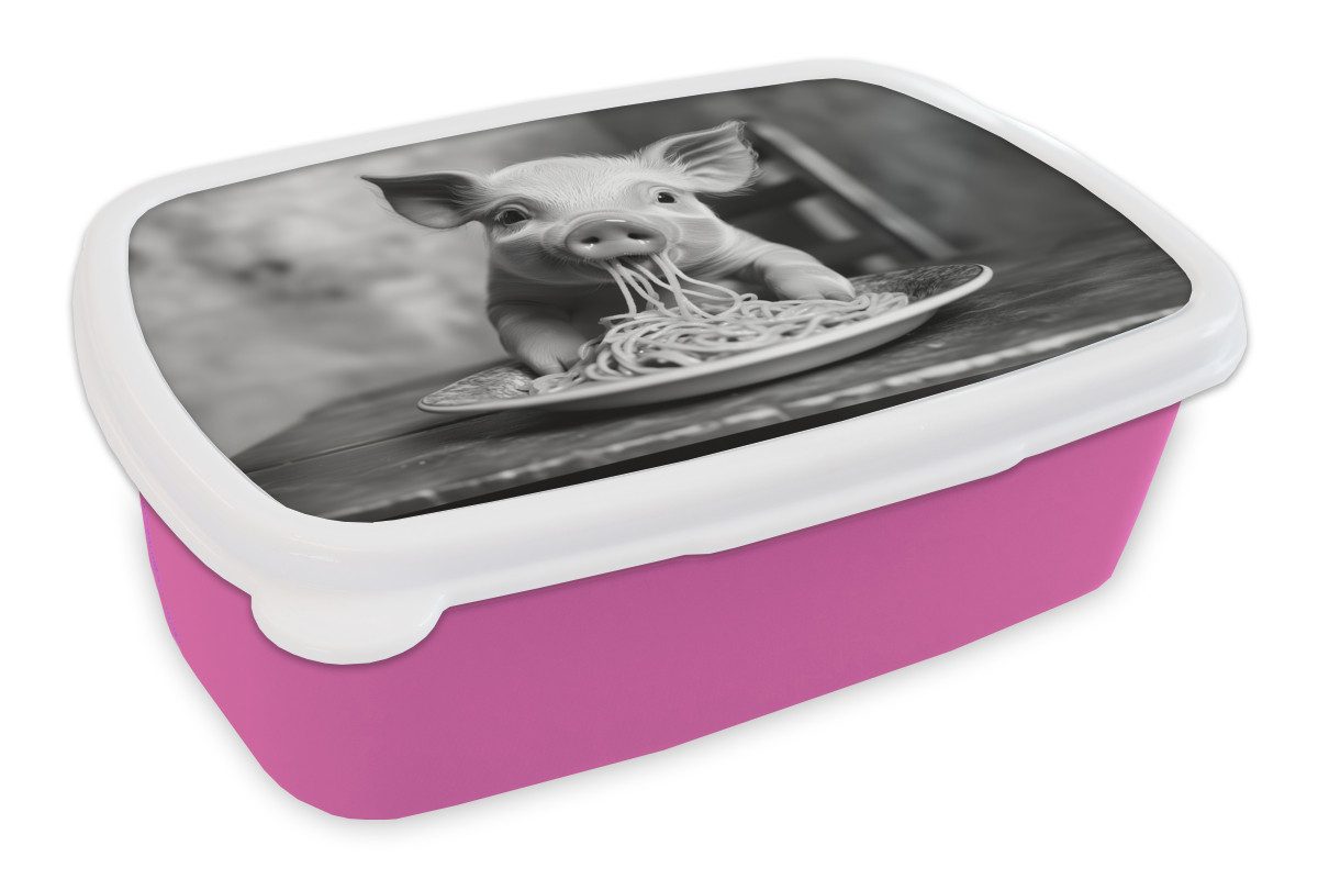 MuchoWow Lunchbox Schwein - Niedlich - Spaghetti - Schwarz und weiß - Tier, Kunststoff, (2-tlg), Brotdosen, Lunch Box, Brotbox für Kinder und Erwachsene