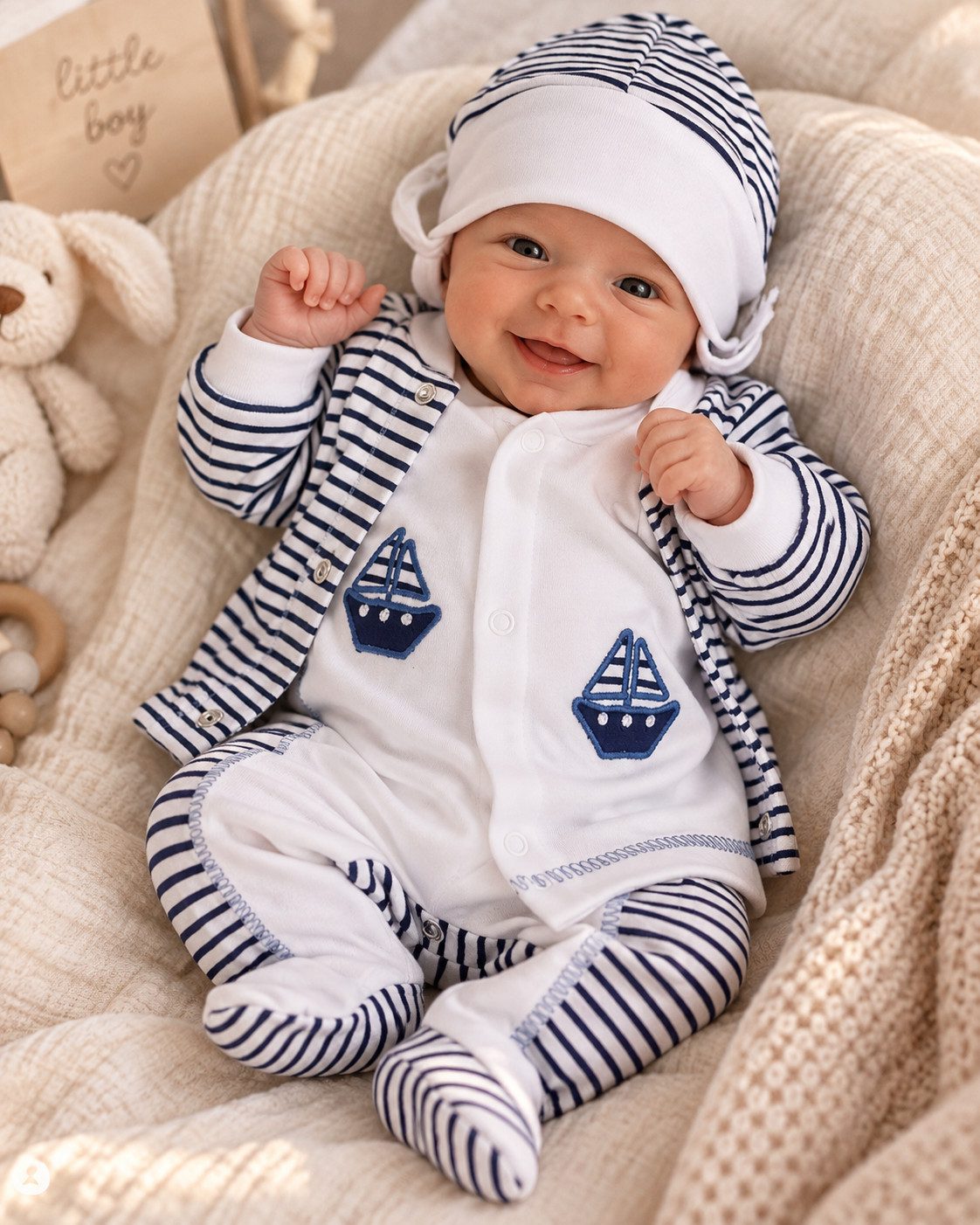La Bortini Strampler Mütze Strampler und Hemdchen Set Baby Anzug 3tlg gestreift aus reiner Baumwolle, mit Schiff, 68 74 80 86, gestreift