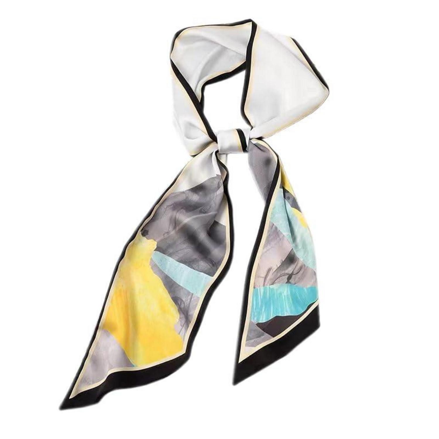 LuxusKollektion Seidenschal Schmaler Satin-Schal 148x13cm Abstrakt Gelb-Blau-Grau, (1-St)