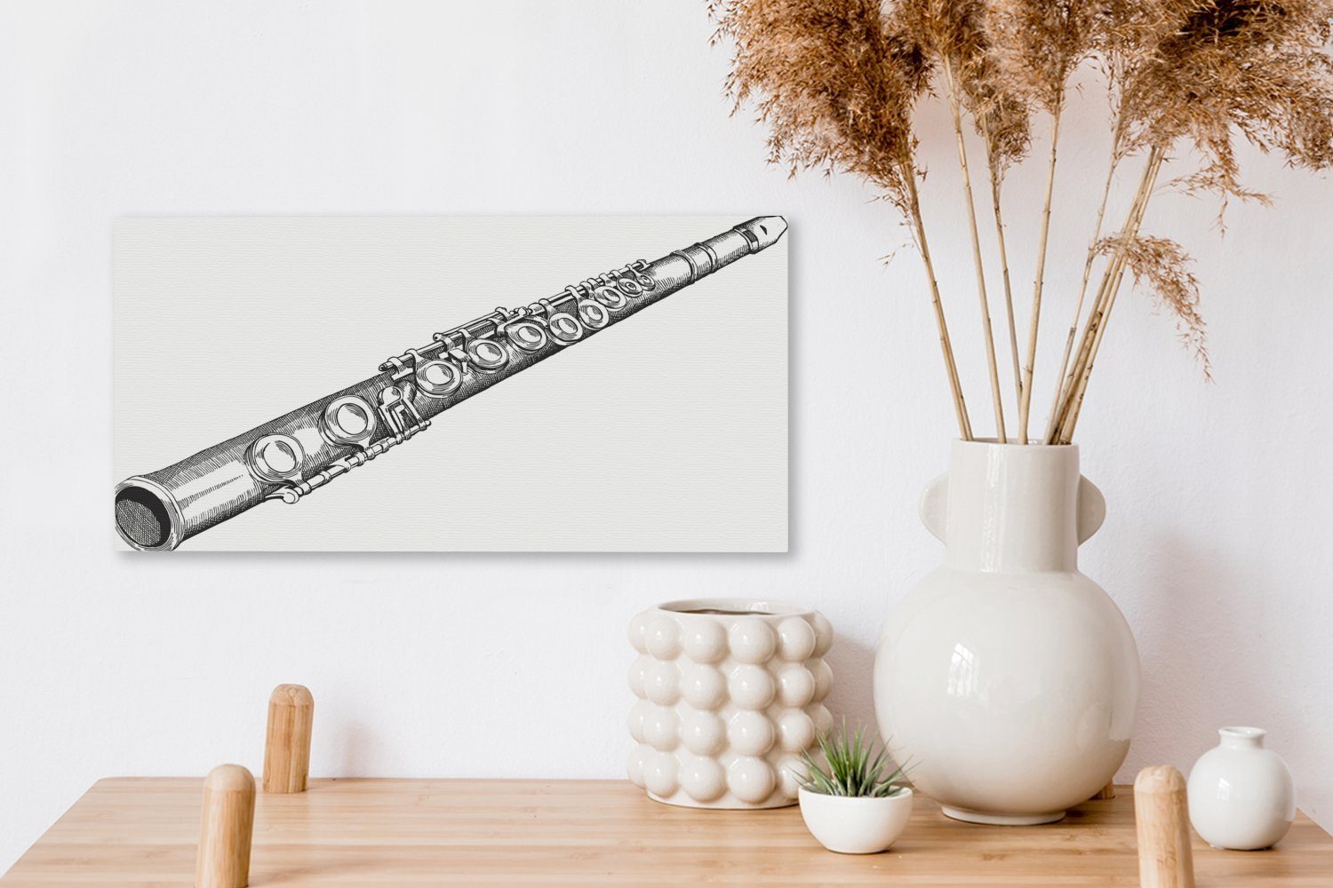 Wandbild Aufhängefertig, in (1 cm schwarz-weiß, Leinwandbilder, Skizze St), 30x20 OneMillionCanvasses® Leinwandbild einer Wanddeko, Flöte Illustration einer