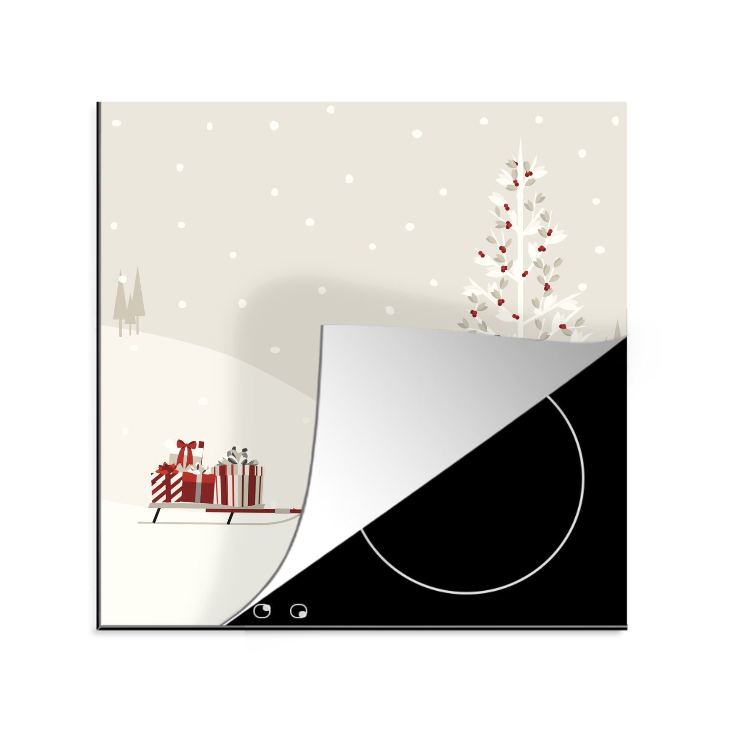 MuchoWow Herdblende-/Abdeckplatte Illustration eines Pinguins, der einen Schlitten mit Geschenken zieht, Vinyl, (1 tlg), 78x78 cm, Ceranfeldabdeckung, Arbeitsplatte für küche