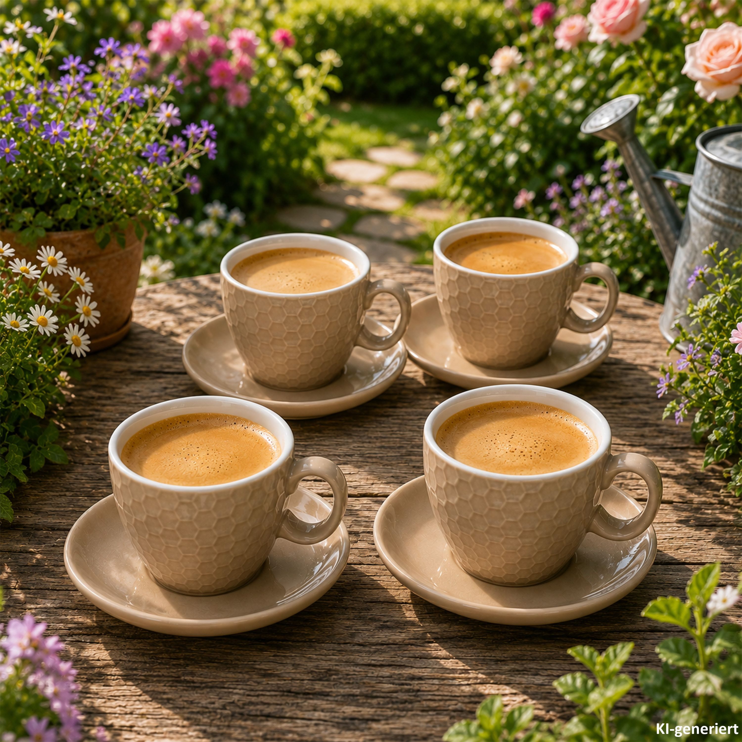 MamboCat Tasse 4er Set Hexa Kaffeetassen mit Untertassen Beige Keramik Relief, Keramik – Bild 4 von 5