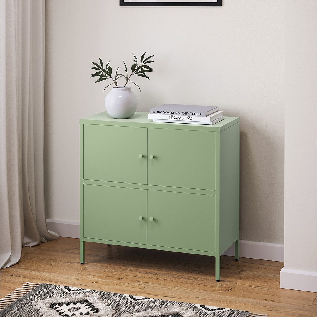 skølm Kommode Atriona aus Metall, Metallschrank mit Türen und Fächern (Mintgrün, 2 Fächer & 4 Türen), 81 x 80 x 38 cm, auch mit 3 Fächern