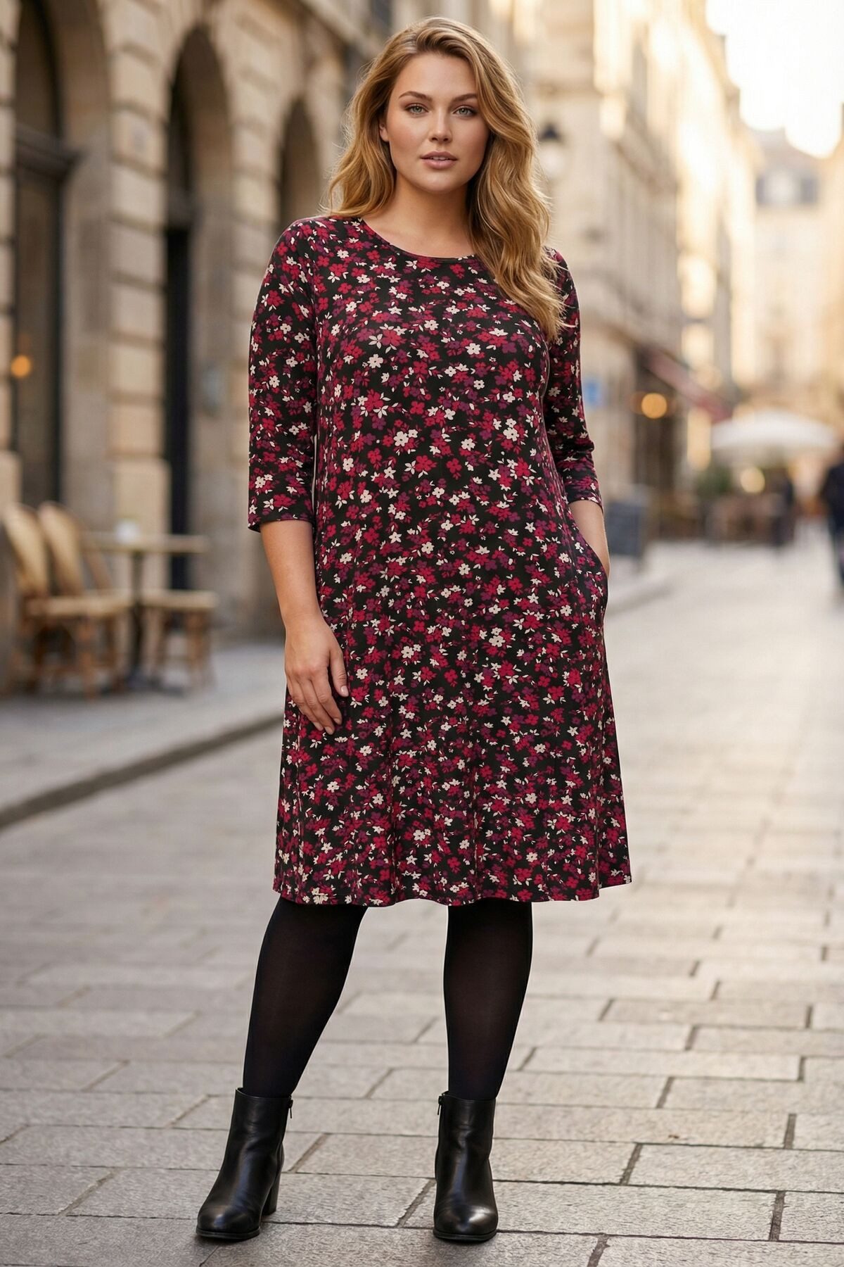 Stil Diva Minikleid Übergrößen Burgunder Blumen Kleid mit Taschen günstig online kaufen