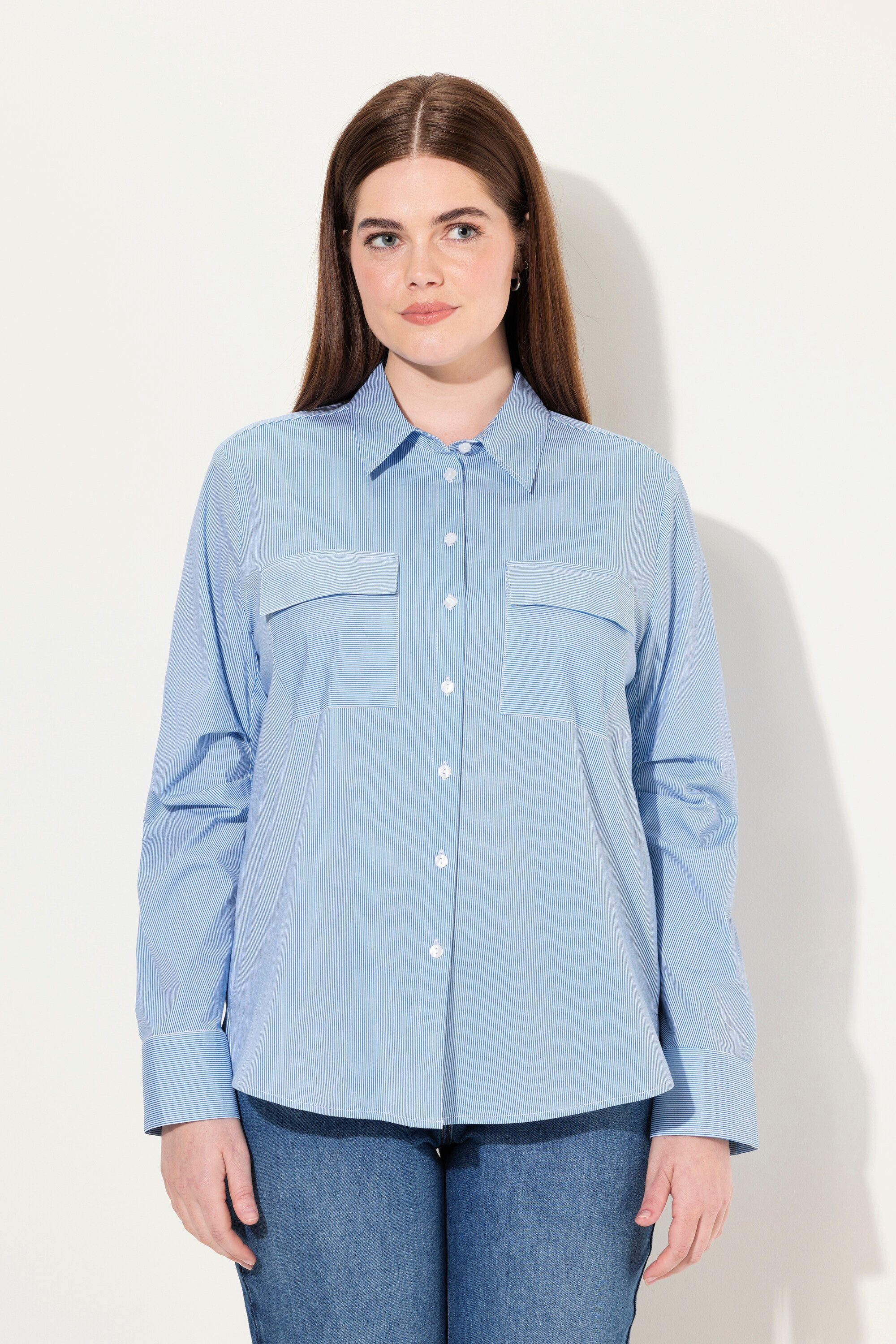 Ulla Popken Hemdbluse Streifenbluse Langarm mit Zierfalten Biobaumwolle