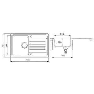 Faizee Möbel Granitspüle Granitspüle Küchenspüle Granit Siphon Einbauspüle Küche 76×44 Athena, Eckig, 76/44 cm