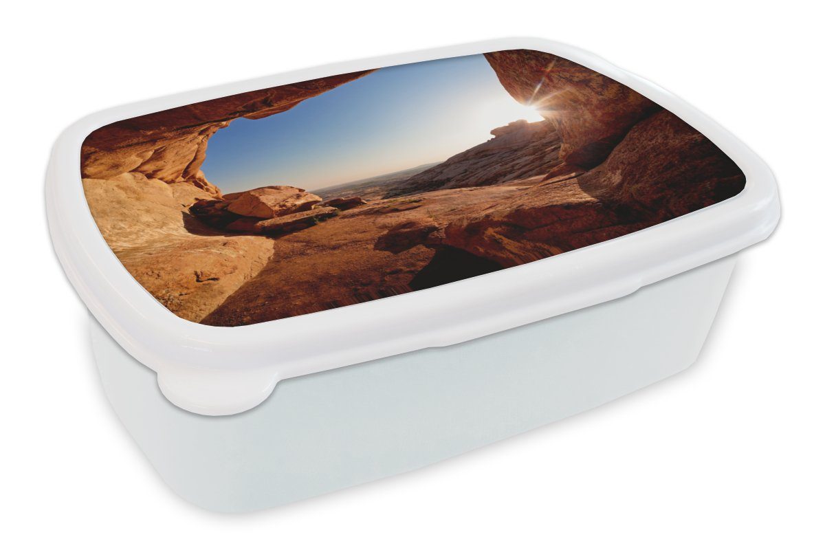 MuchoWow Lunchbox Höhle - Wüste - Sonne - Landschaft, Kunststoff, (2-tlg), Brotbox für Kinder und Erwachsene, Brotdose, für Jungs und Mädchen weiß