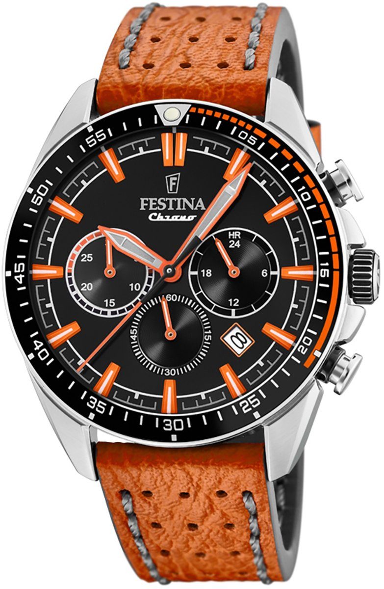 Festina Chronograph Festina Herren Uhr F20377/4 Leder, Herren Armbanduhr  rund, Lederarmband orange, grau, Chronograph