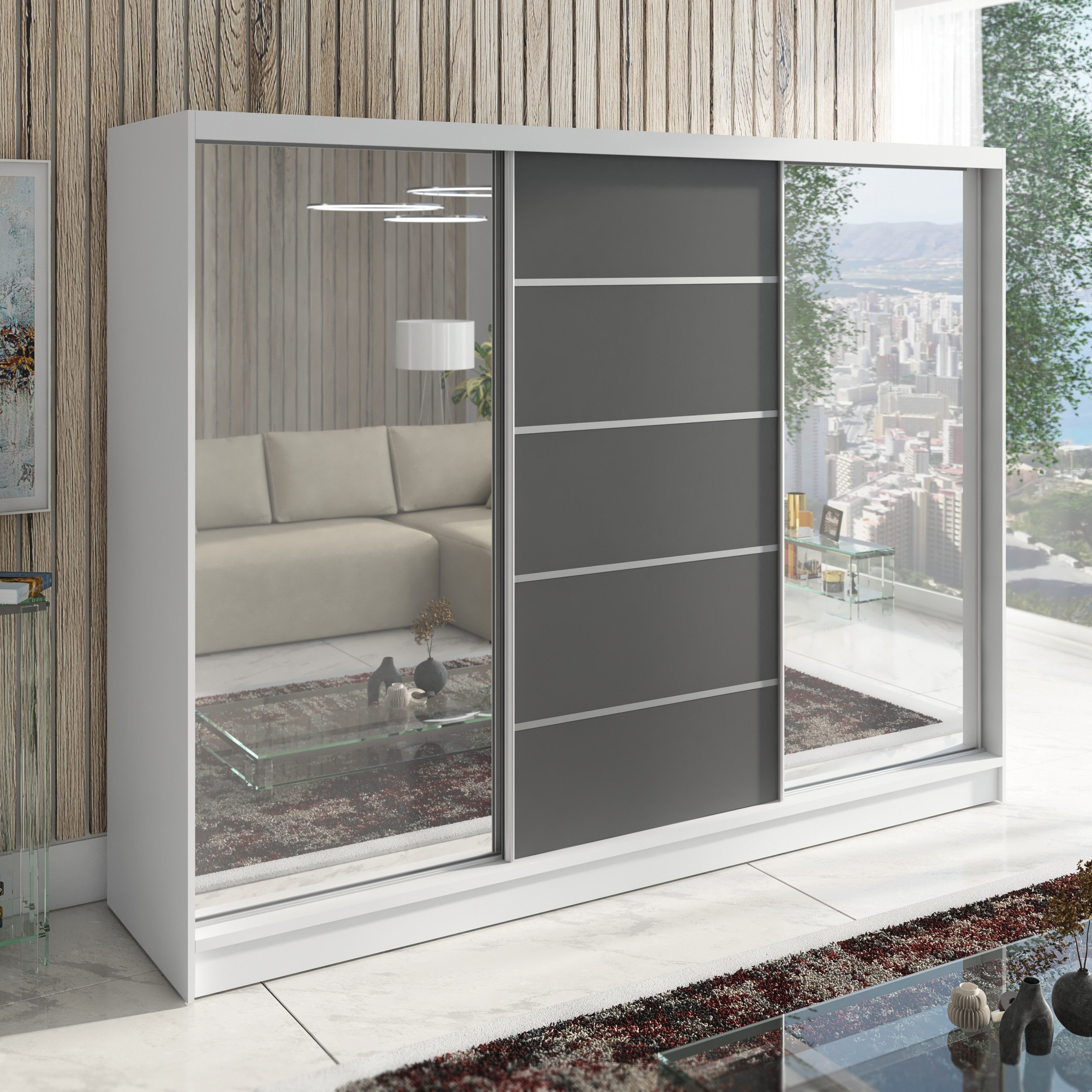 A&J MöbelLand GmbH Schiebetürenschrank TOP Moderner 3-türiger Kleiderschrank mit Spiegel (TOP ANGEBOT! Geräumiger Schrank mit einer Breite von 200 cm ideal zur  – Bild 2 von 5