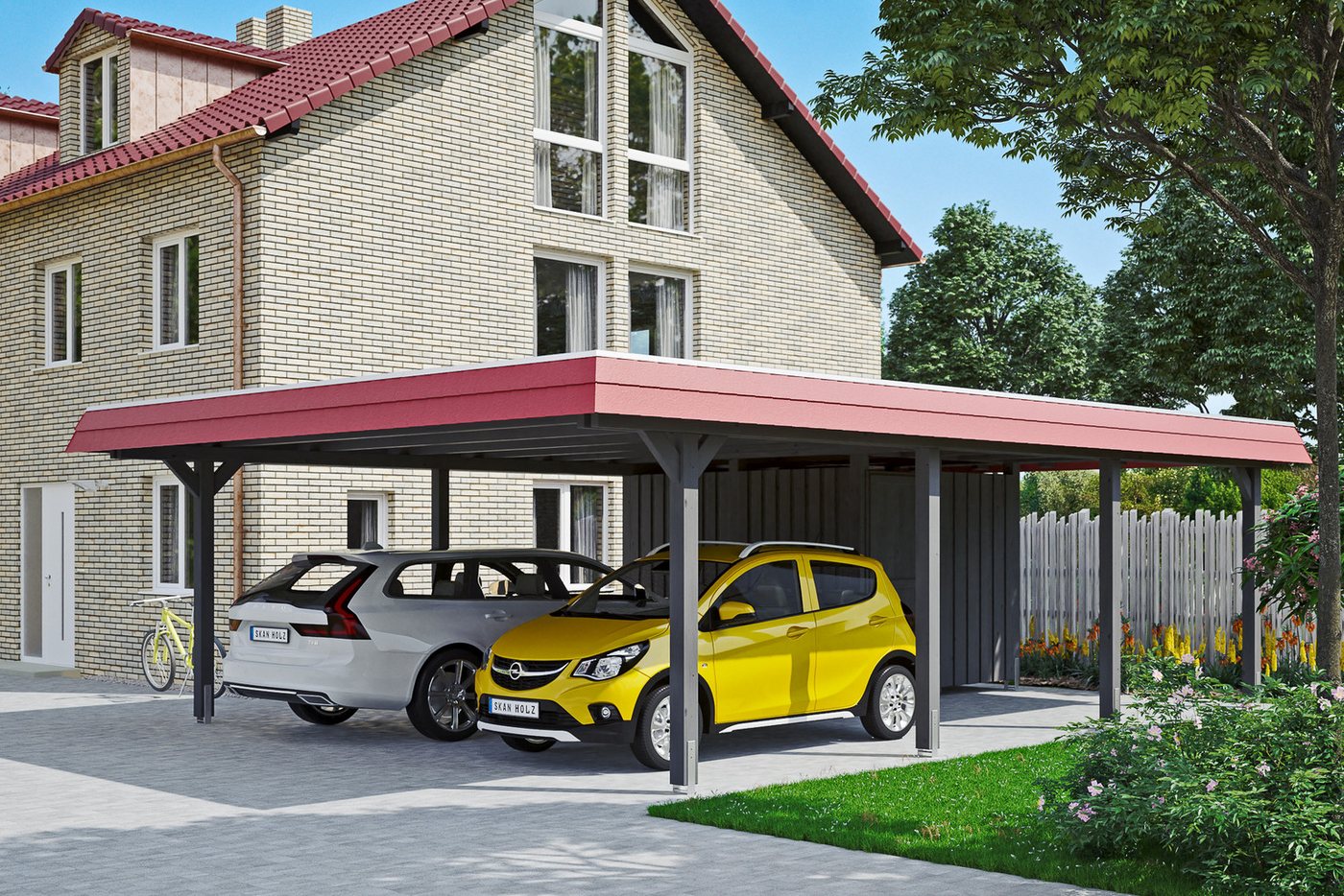 Thumbnail - Skanholz Doppelcarport Wendland, BxT: 630x879 cm, 216 cm Einfahrtshöhe, mit Abstellraum mit Aluminiumdach, rote Blende